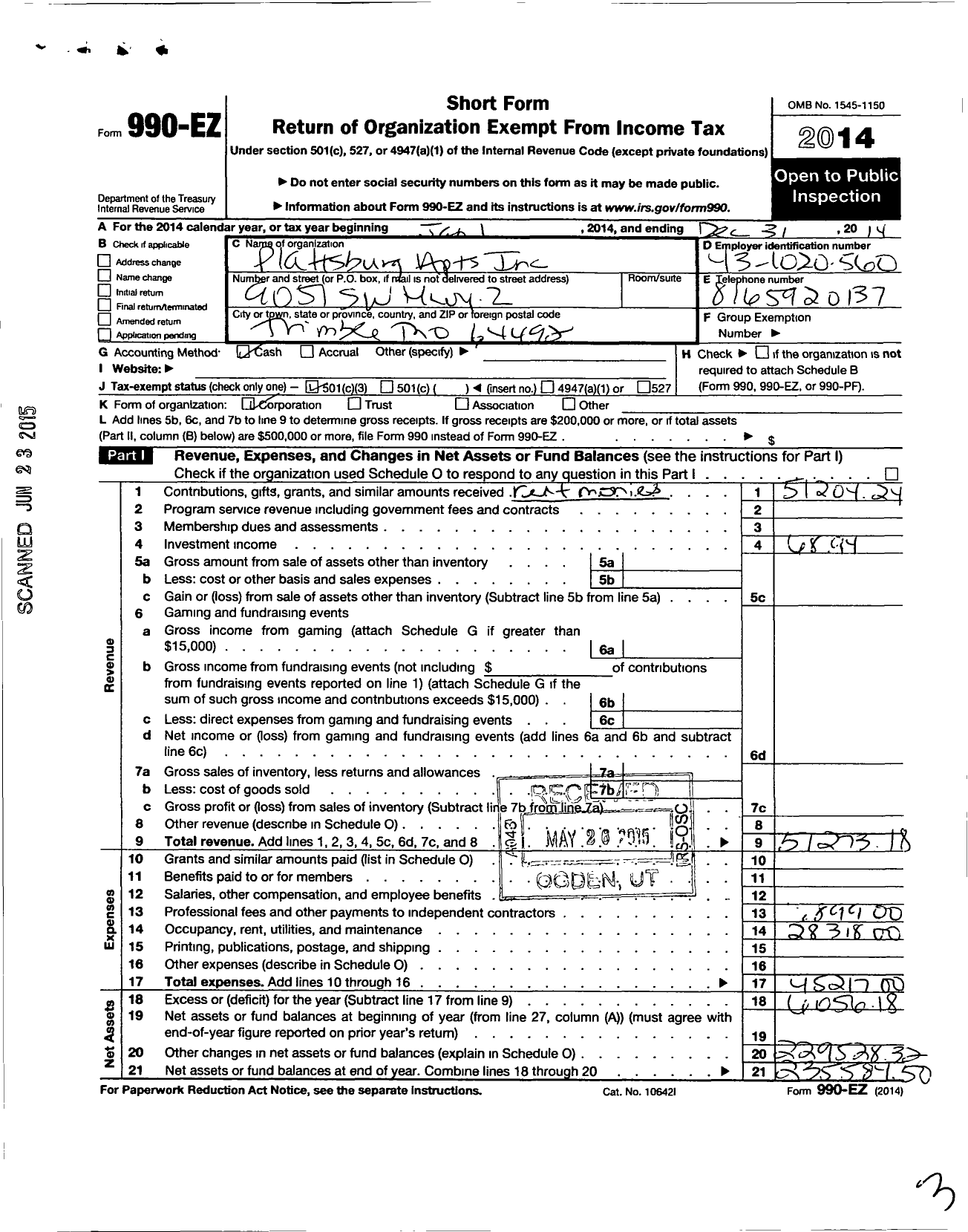 Image of first page of 2014 Form 990EZ for Plattsburg Apartments