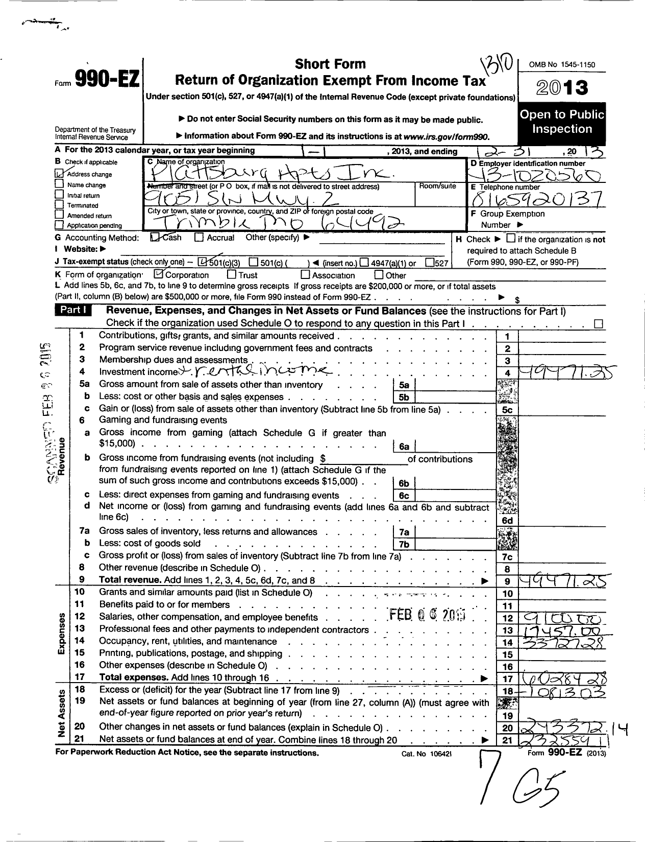 Image of first page of 2013 Form 990EZ for Plattsburg Apartments