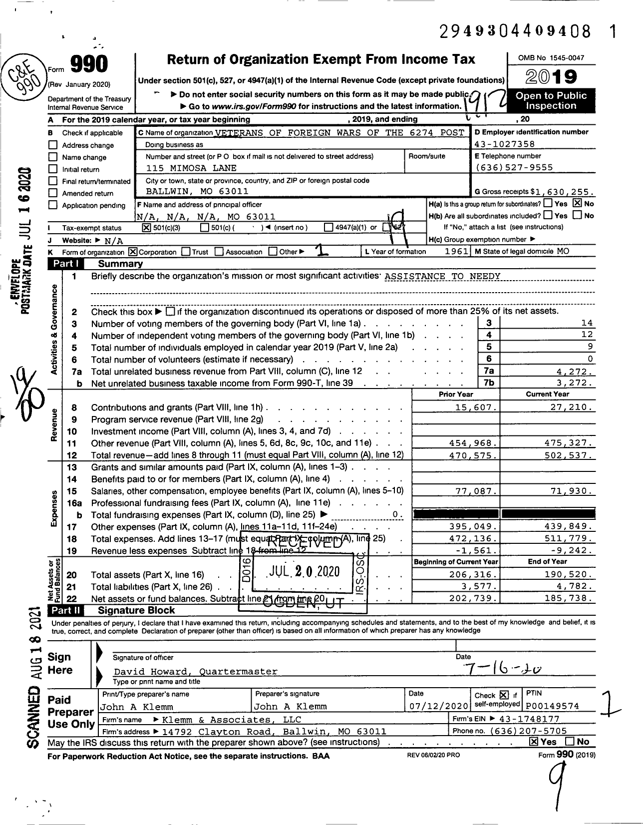 Image of first page of 2019 Form 990O for VFW Missouri - 6274 Vfw-Mo