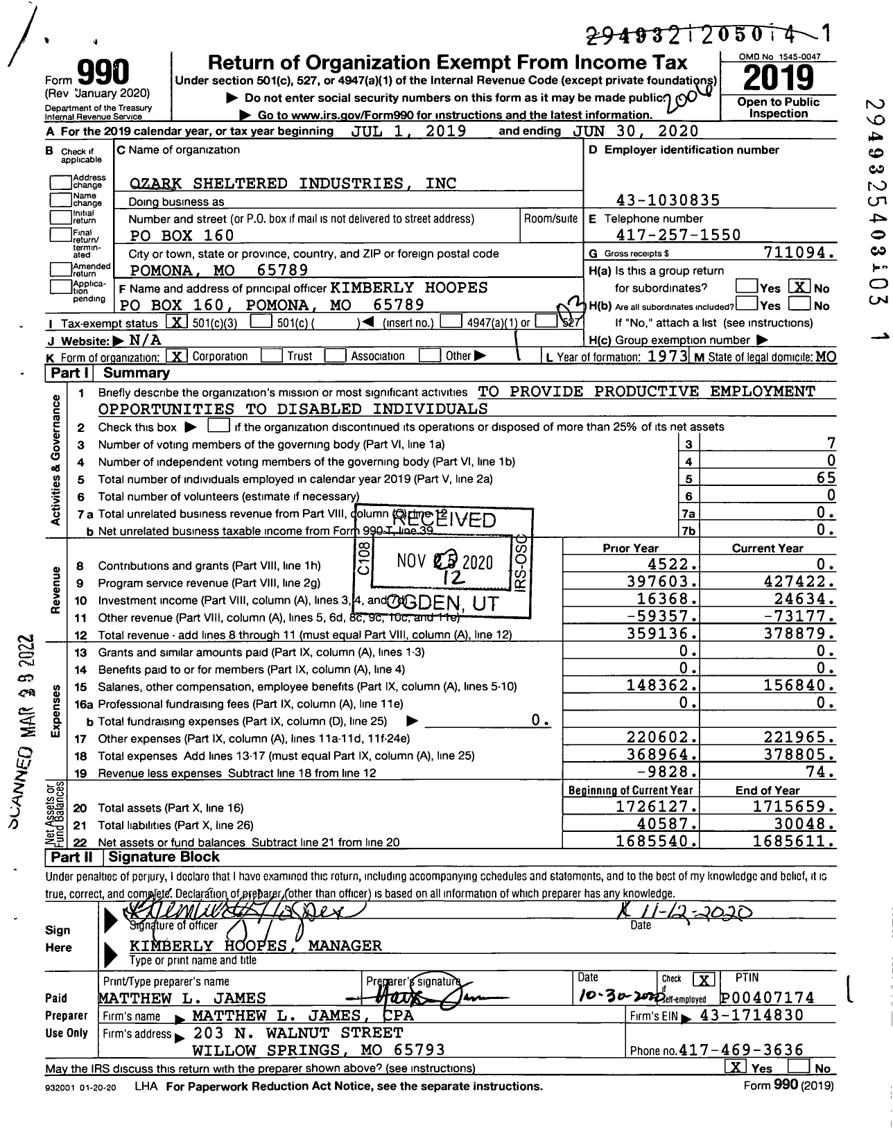 Image of first page of 2019 Form 990 for Ozark Sheltered Industries