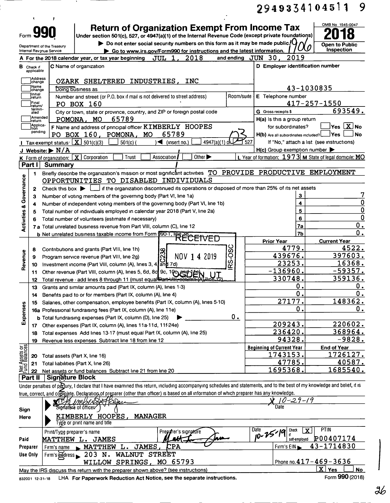 Image of first page of 2018 Form 990 for Ozark Sheltered Industries