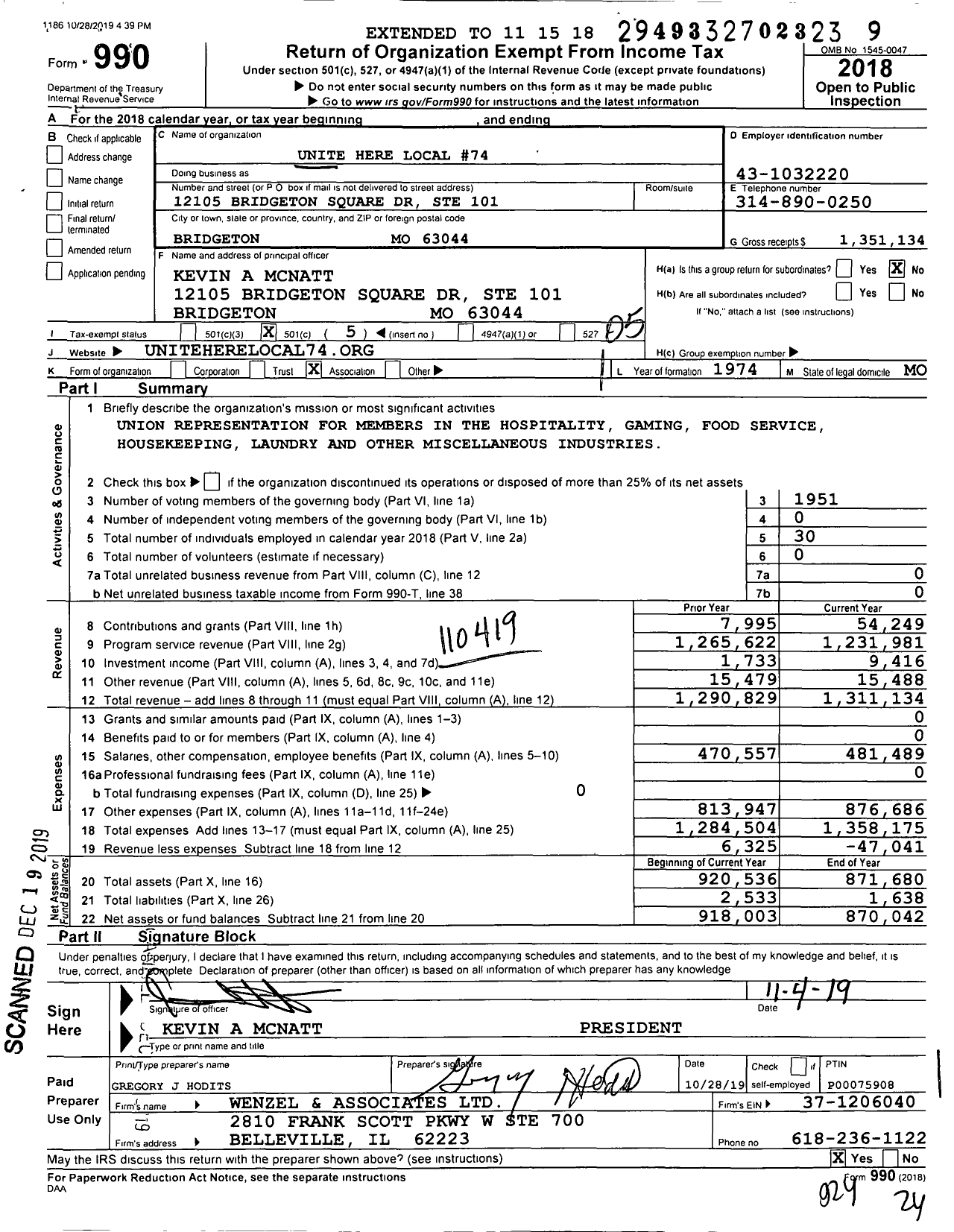 Image of first page of 2018 Form 990O for Unite Here - 74 Local