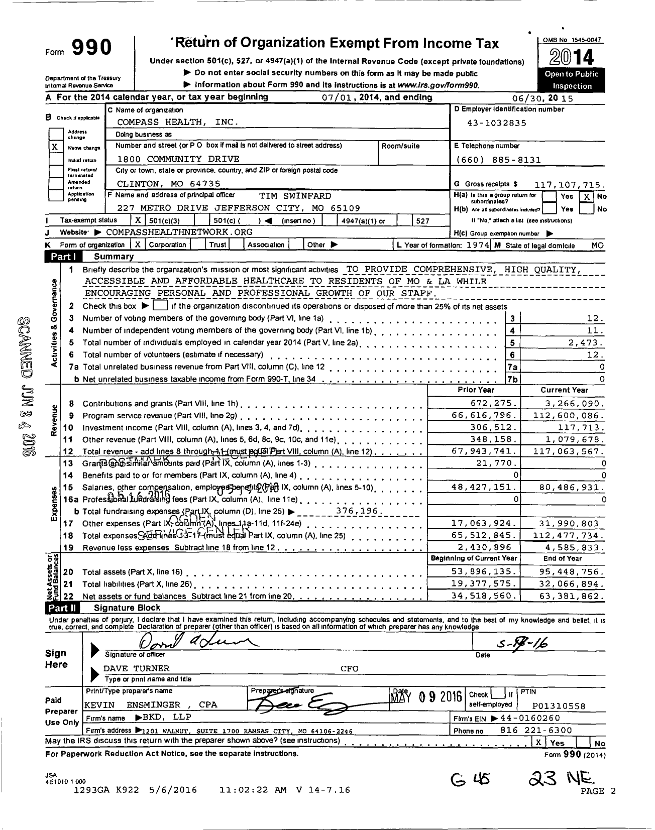 Image of first page of 2014 Form 990 for Compass Health