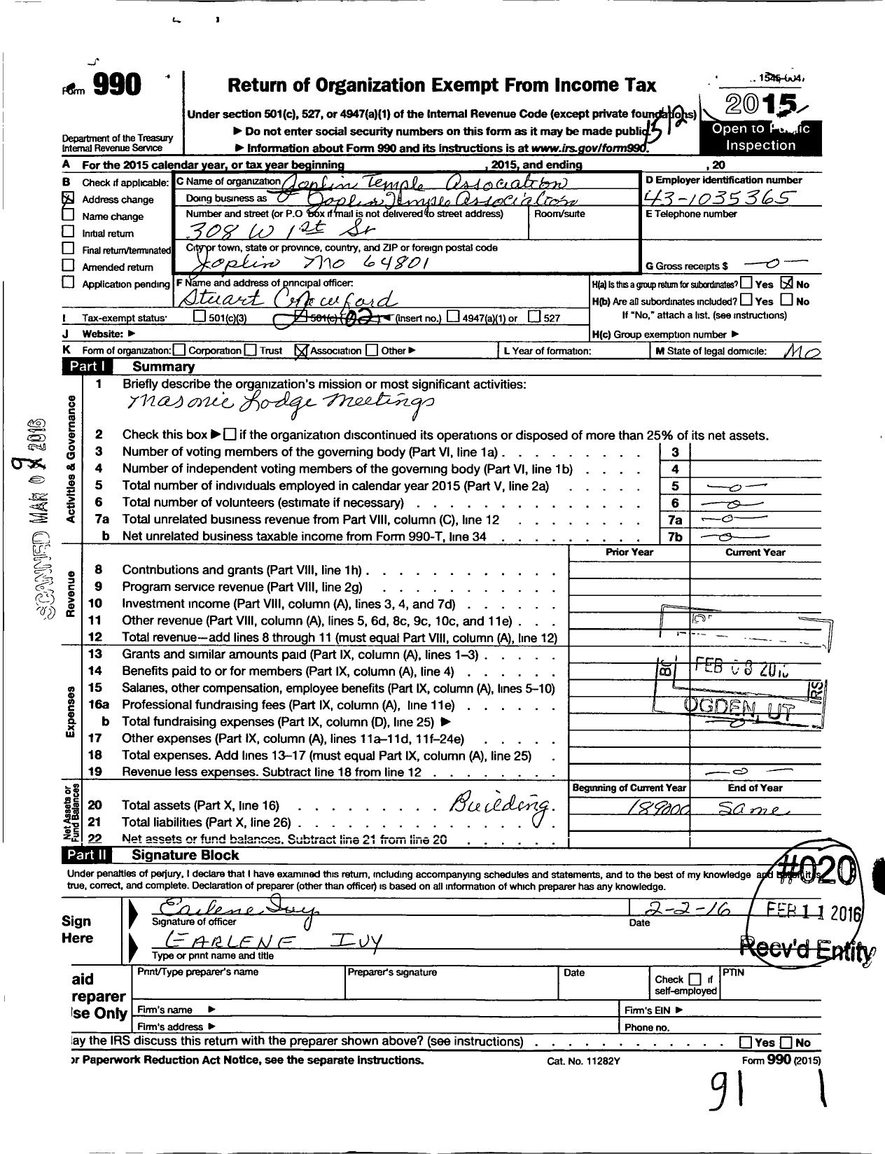 Image of first page of 2015 Form 990O for Joplin Temple Association