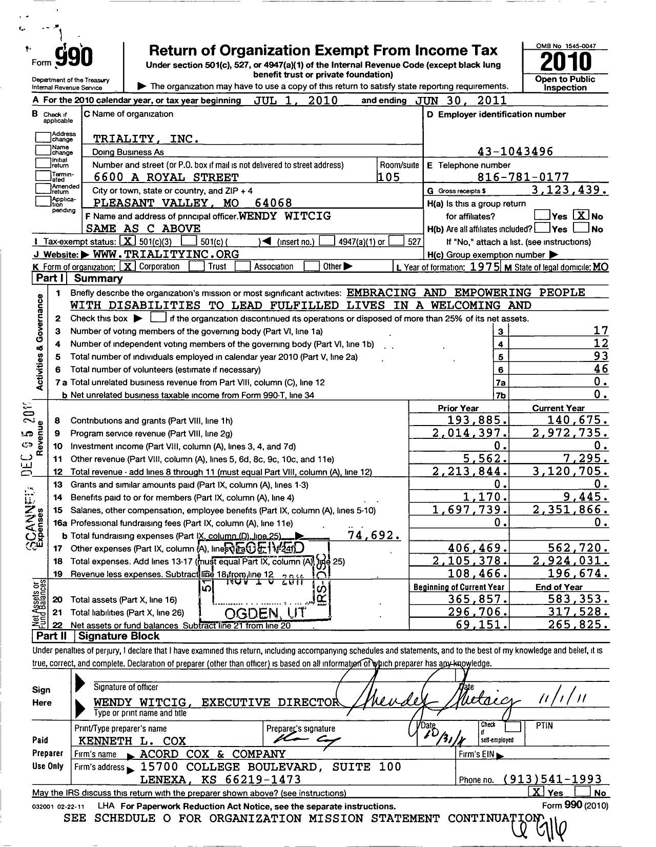 Image of first page of 2010 Form 990 for Triality