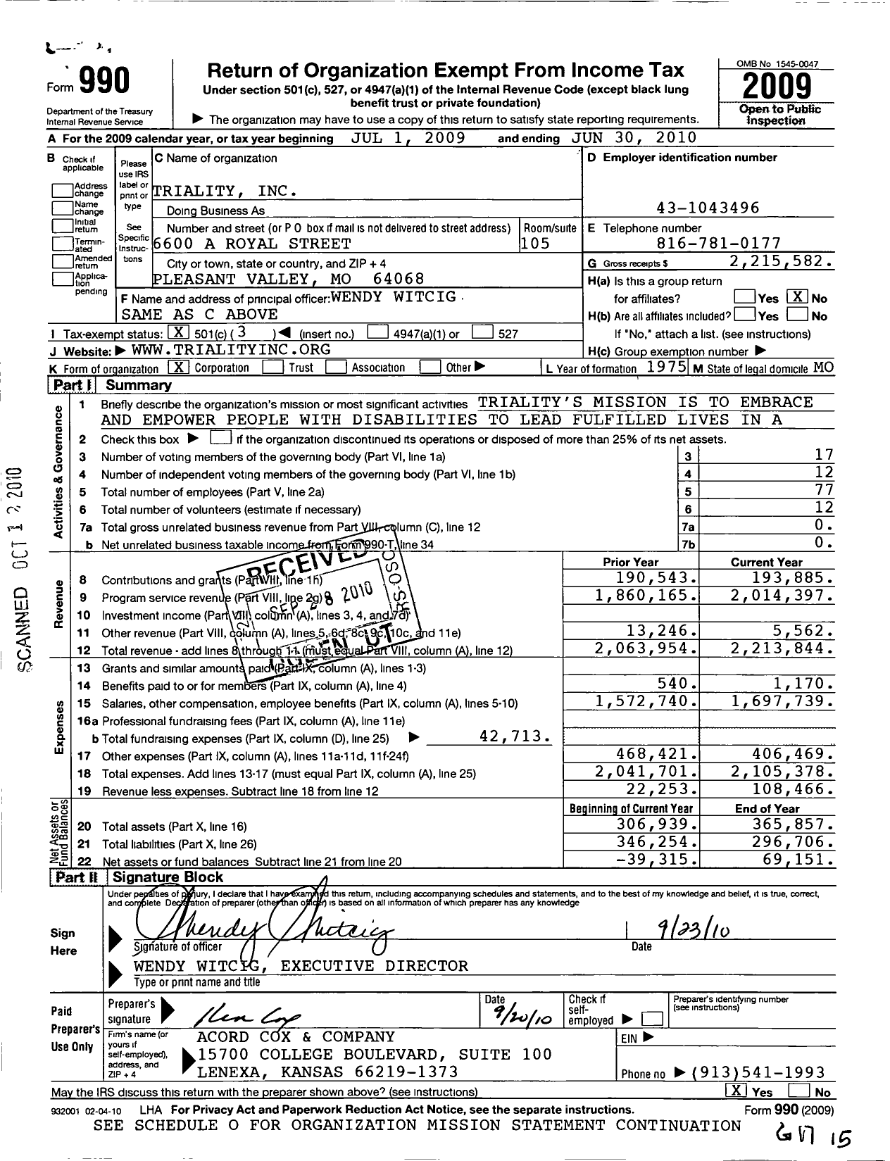 Image of first page of 2009 Form 990 for Triality