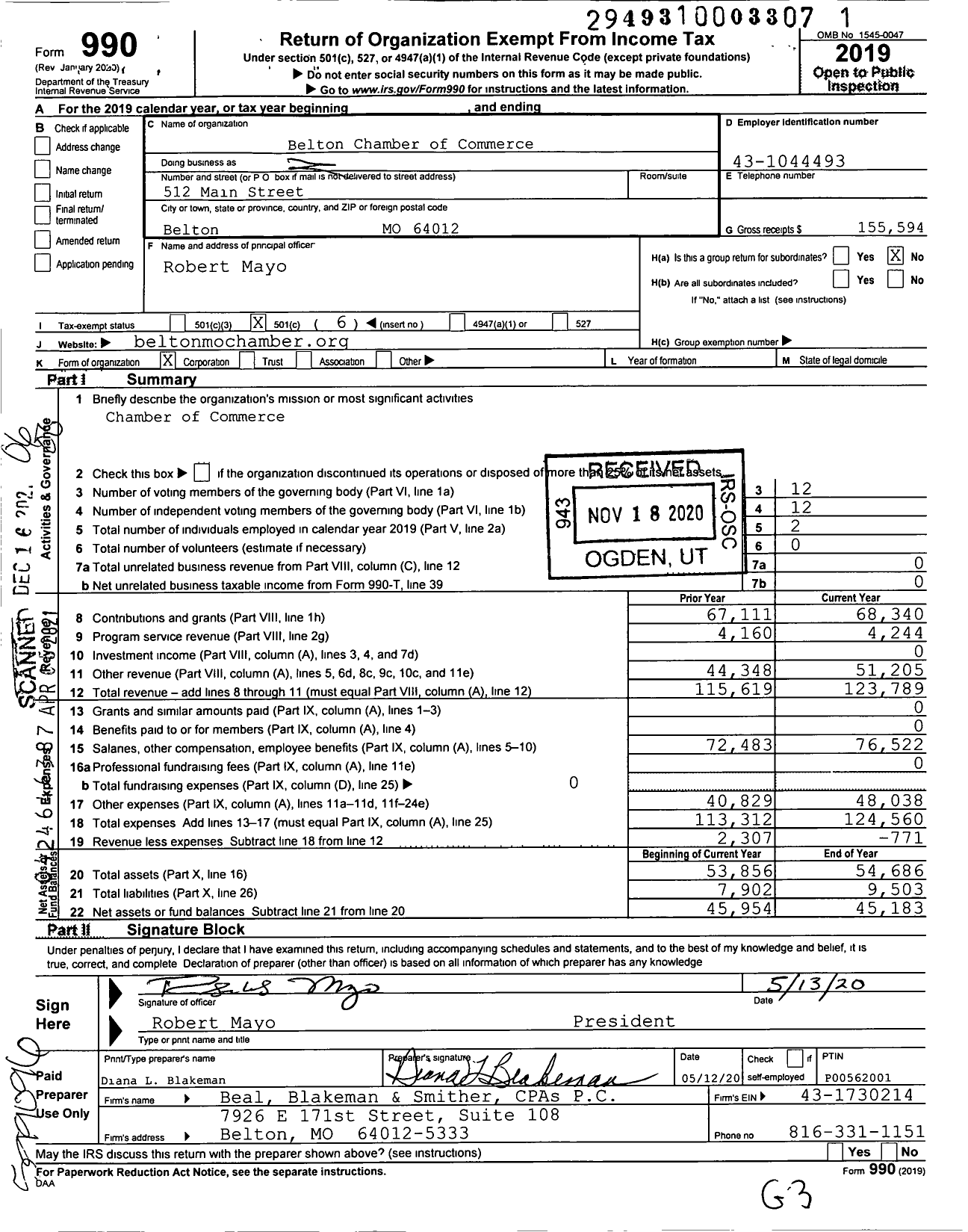 Image of first page of 2019 Form 990O for Belton Chamber of Commerce