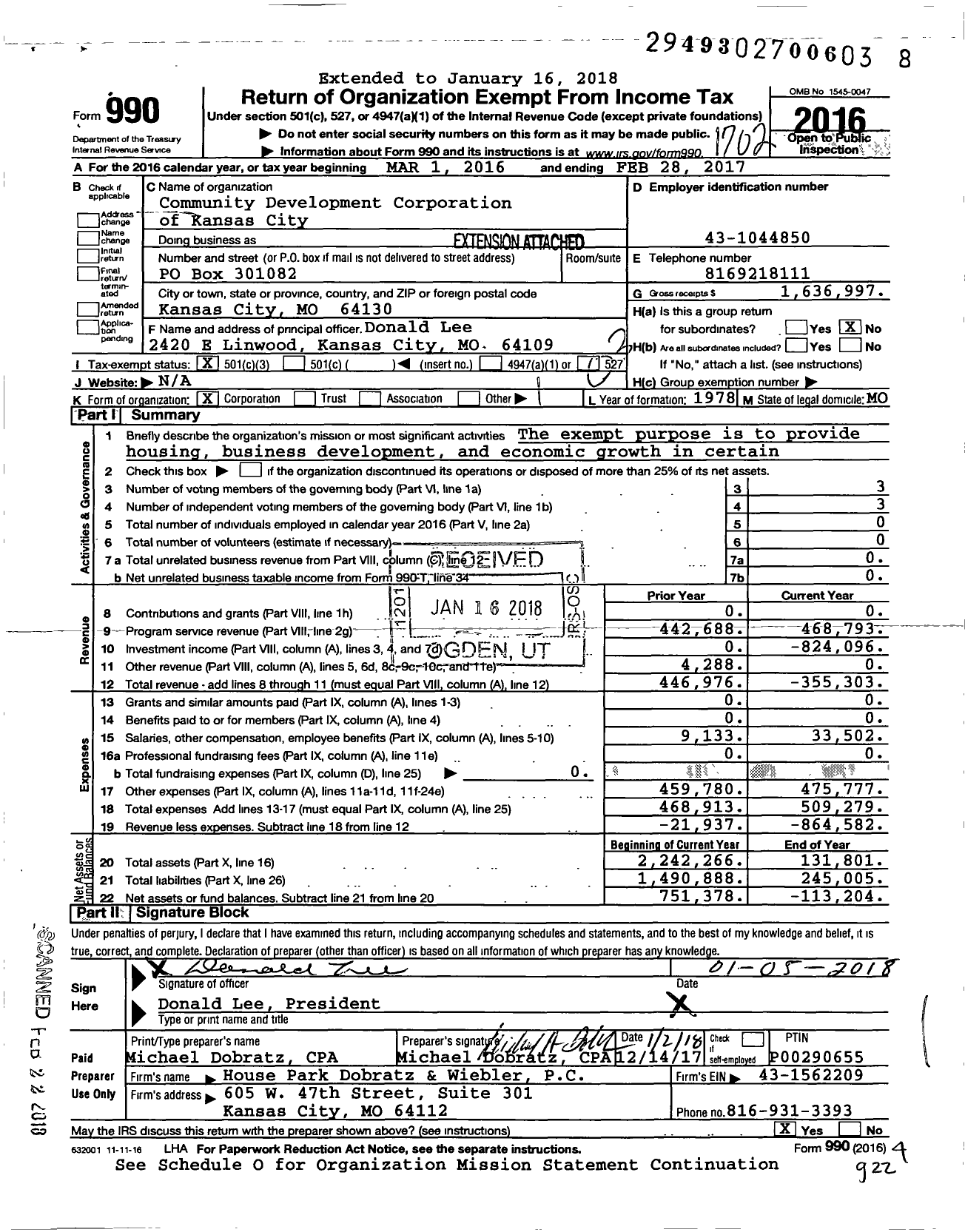 Image of first page of 2016 Form 990 for Community Development Corporation of Kansas City