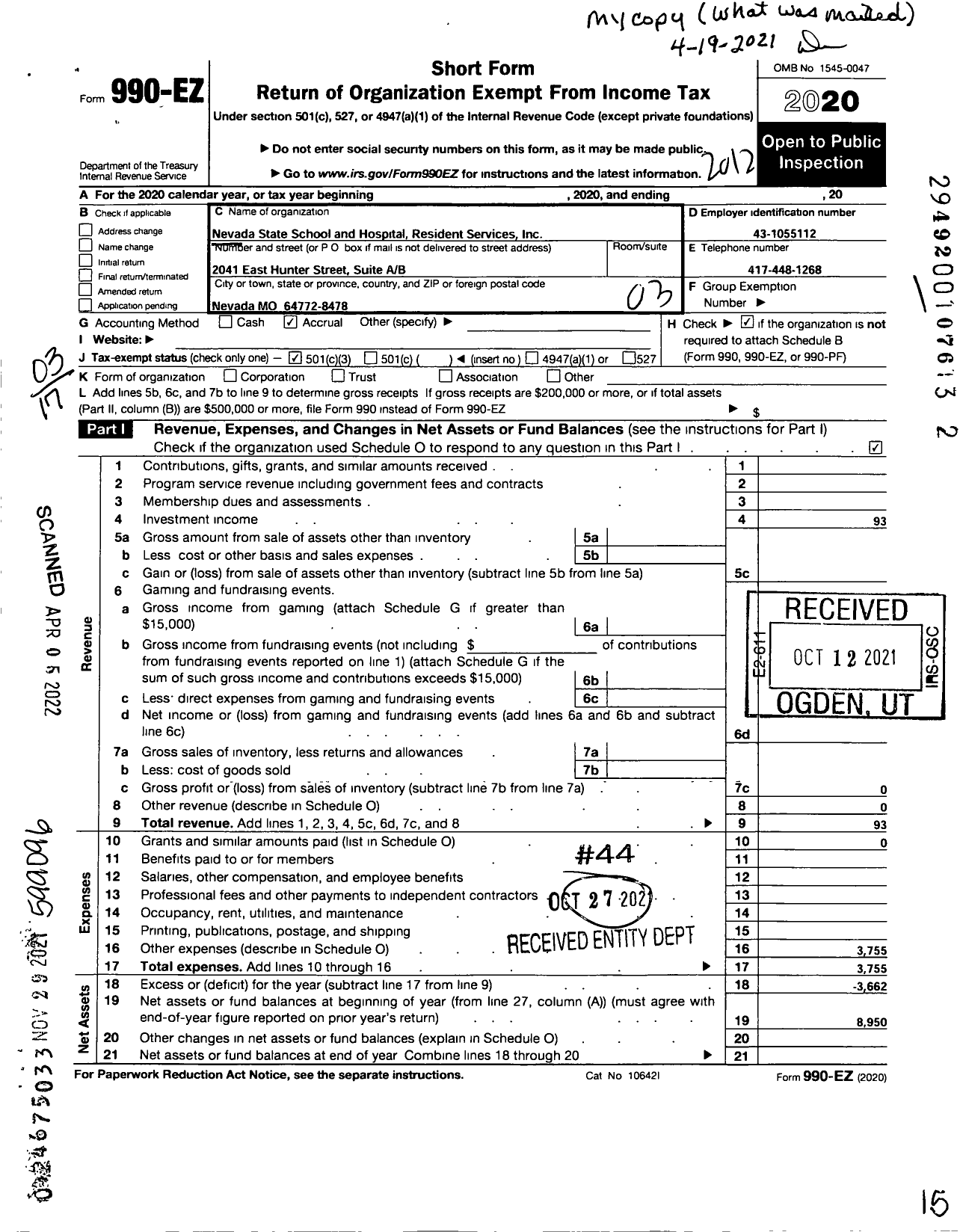 Image of first page of 2020 Form 990EZ for Nevada State School and Hospital Resident Services LLC