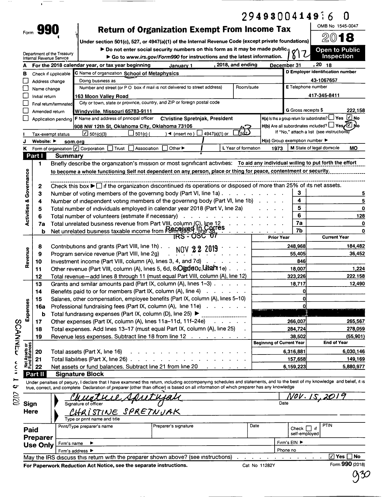 Image of first page of 2018 Form 990 for School of Metaphysics