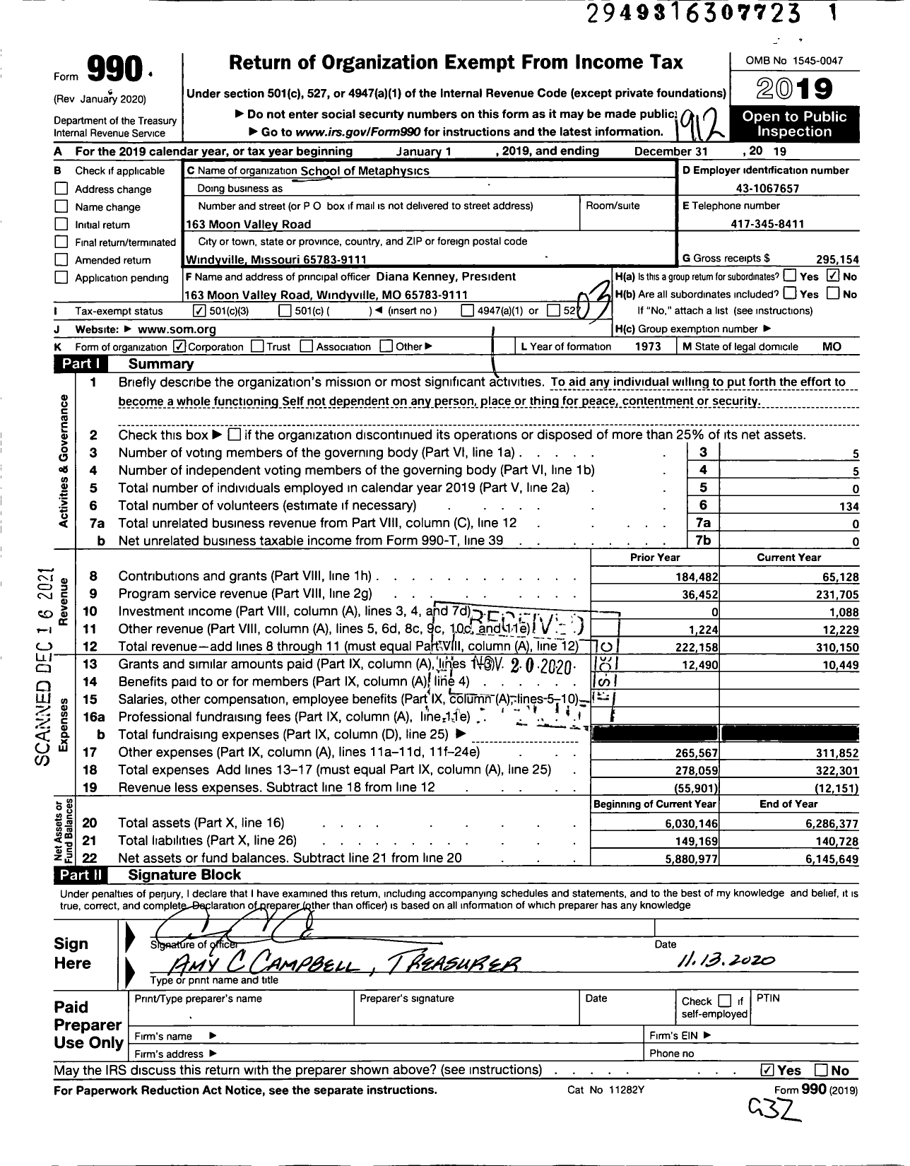 Image of first page of 2019 Form 990 for School of Metaphysics