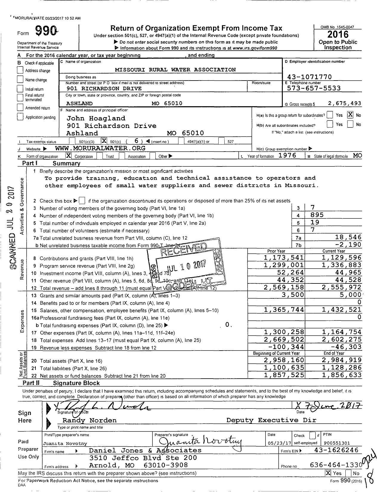 Image of first page of 2016 Form 990O for Missouri Rural Water Association