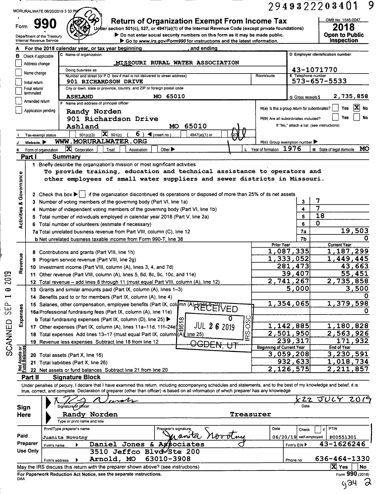 Image of first page of 2018 Form 990O for Missouri Rural Water Association