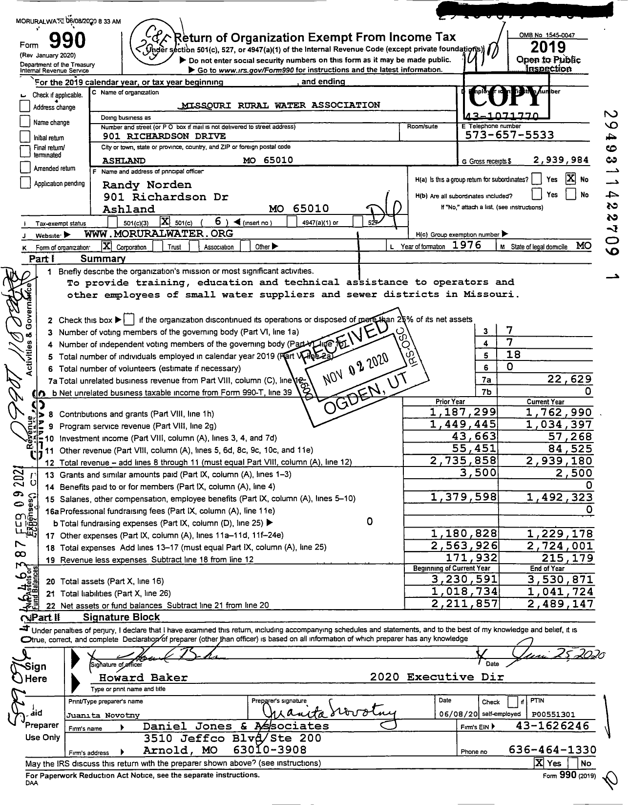 Image of first page of 2019 Form 990O for Missouri Rural Water Association