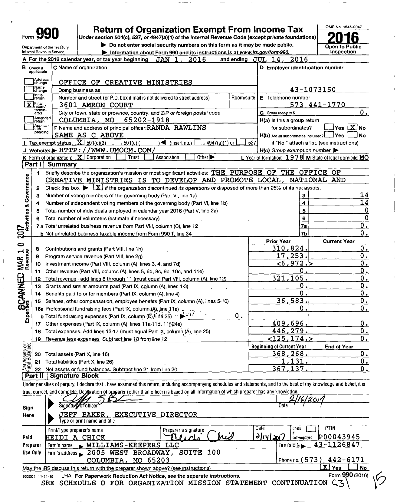 Image of first page of 2015 Form 990 for Office of Creative Ministries