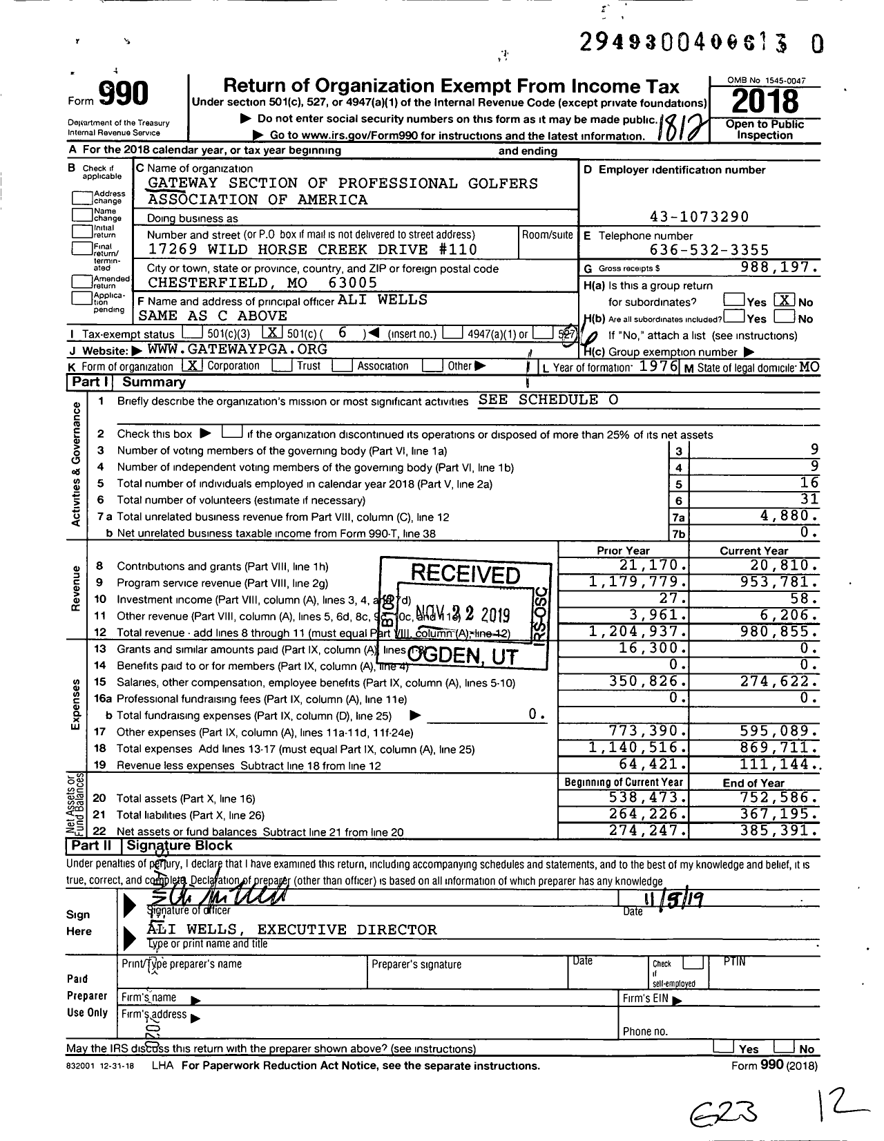 Image of first page of 2018 Form 990O for Gateway Section of Professional Golfers Association of America