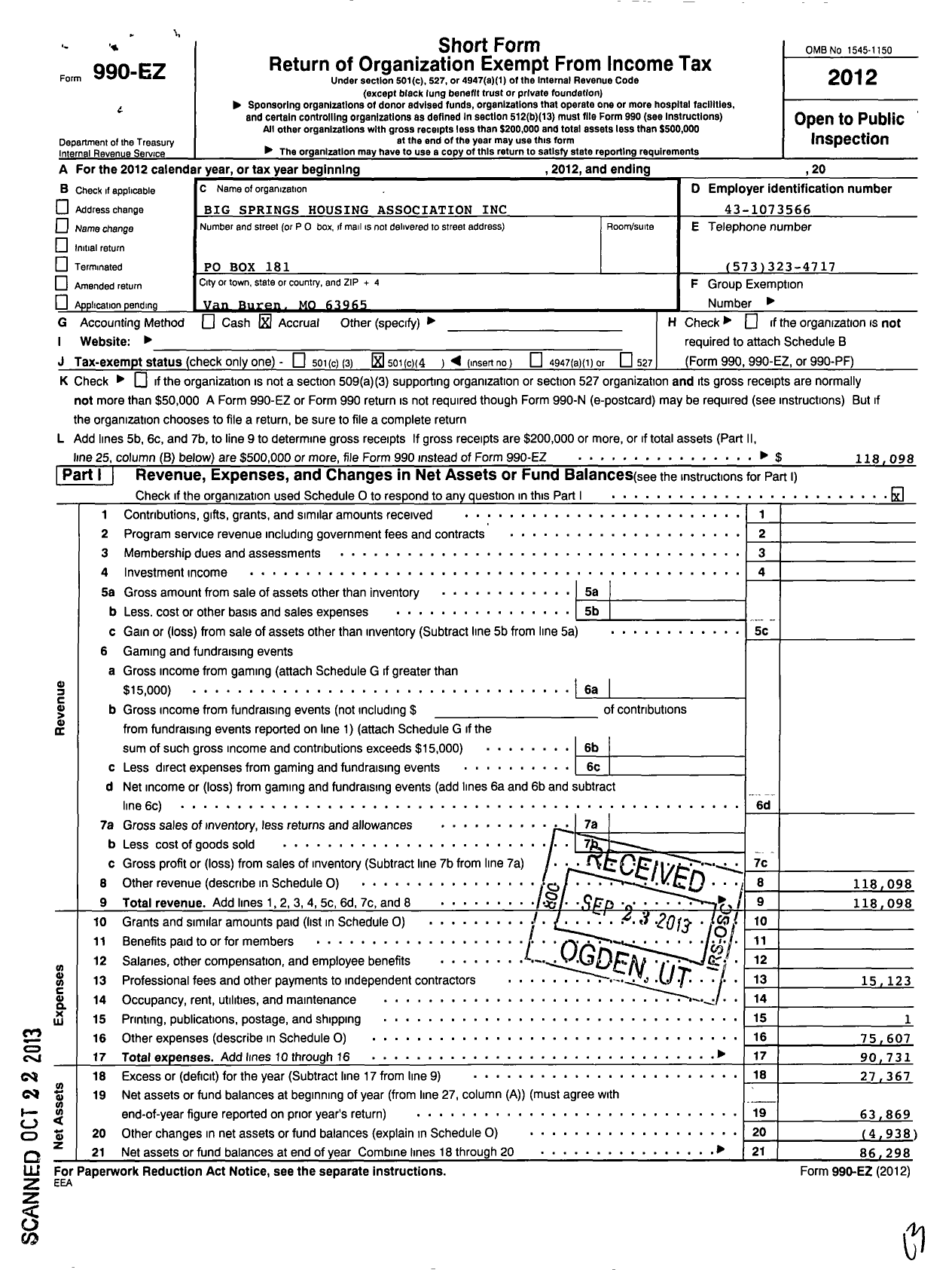 Image of first page of 2012 Form 990EO for Big Springs Housing Association