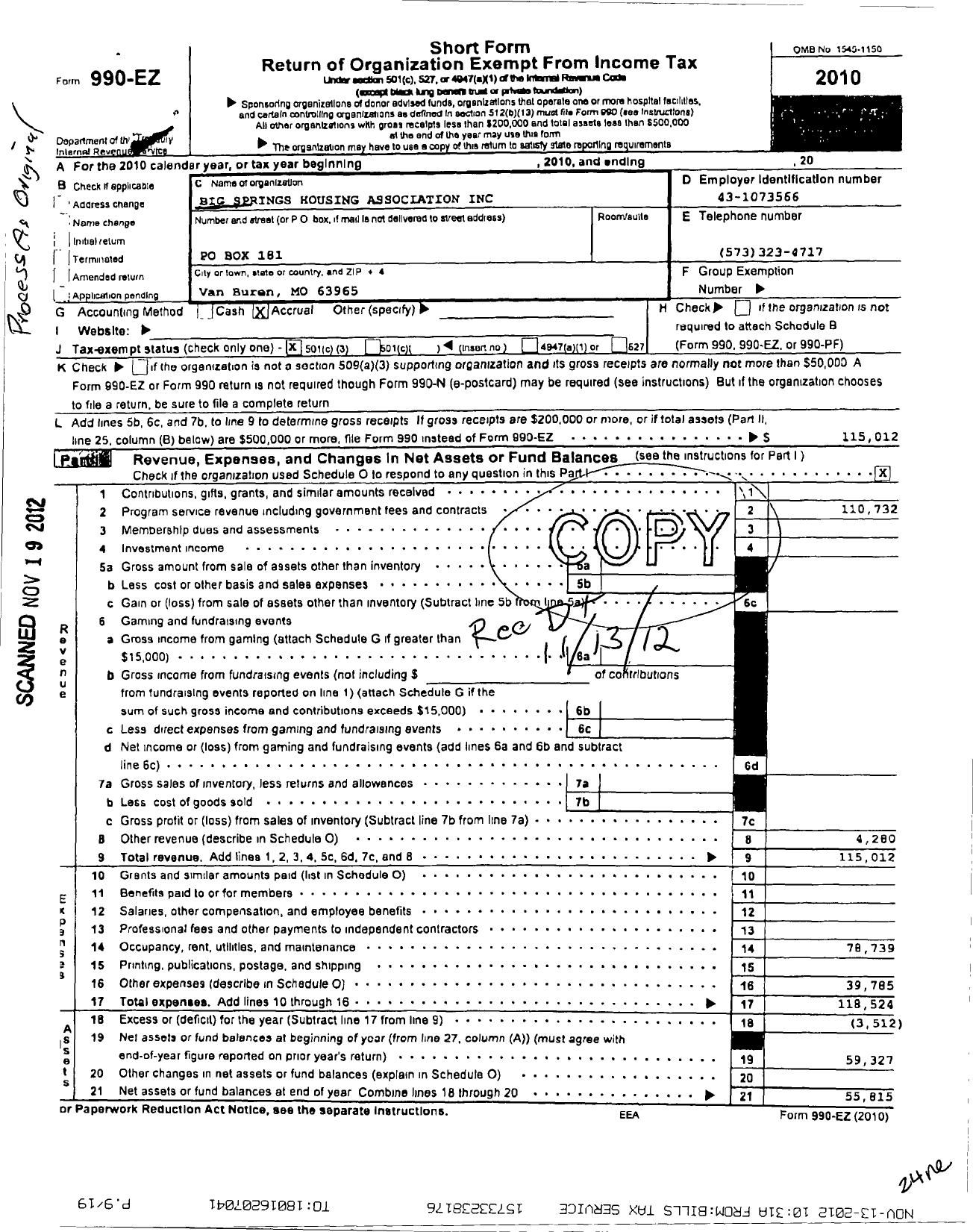 Image of first page of 2010 Form 990EZ for Big Springs Housing Association