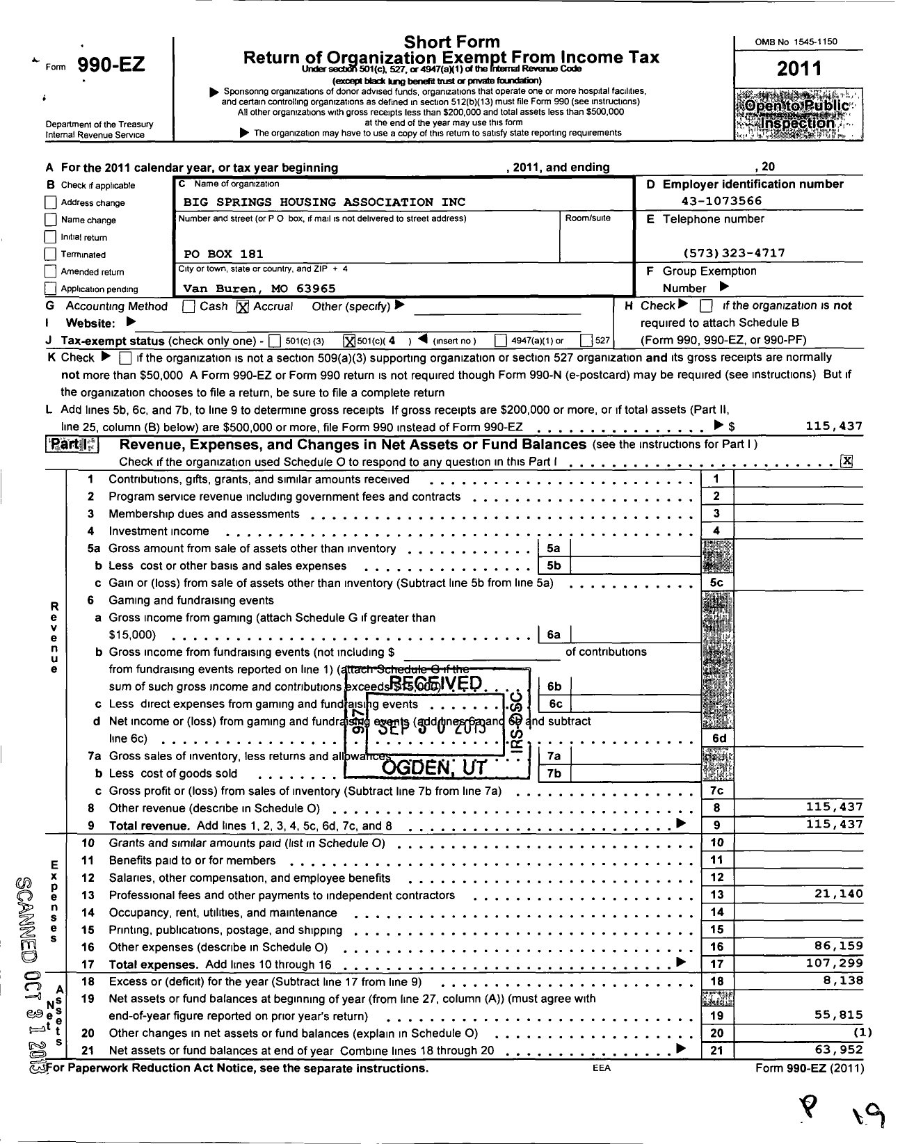 Image of first page of 2011 Form 990EO for Big Springs Housing Association