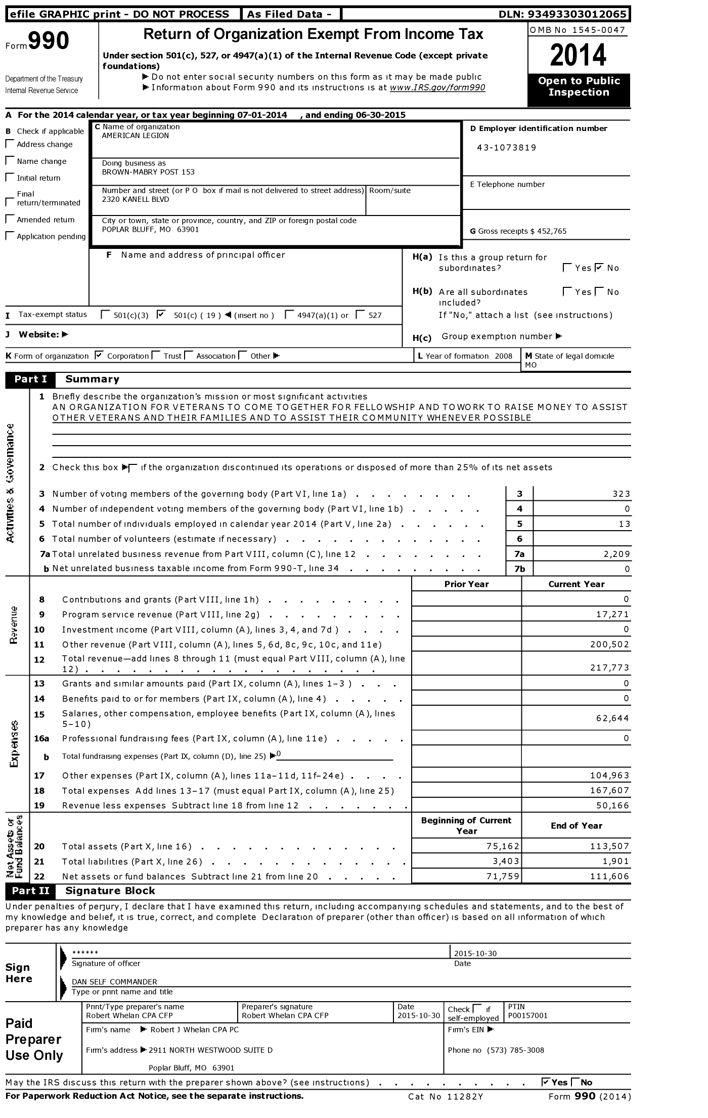 Image of first page of 2014 Form 990O for Brown-Mabry Post No 153 the American Legion