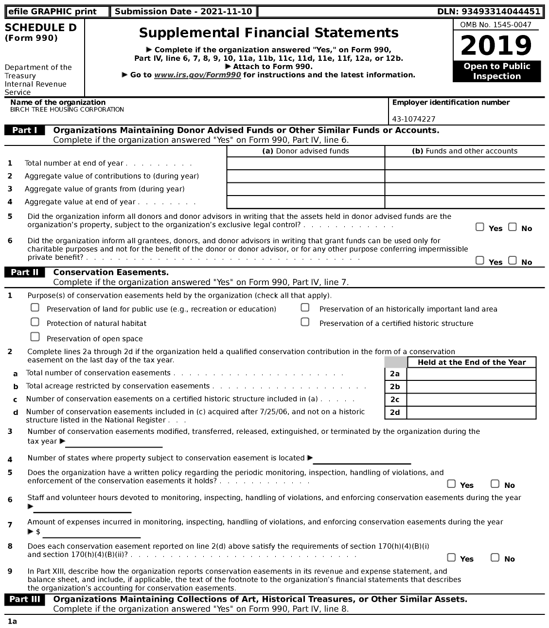 Image of first page of 2019 Form 990 for Birch Tree Housing Corporation