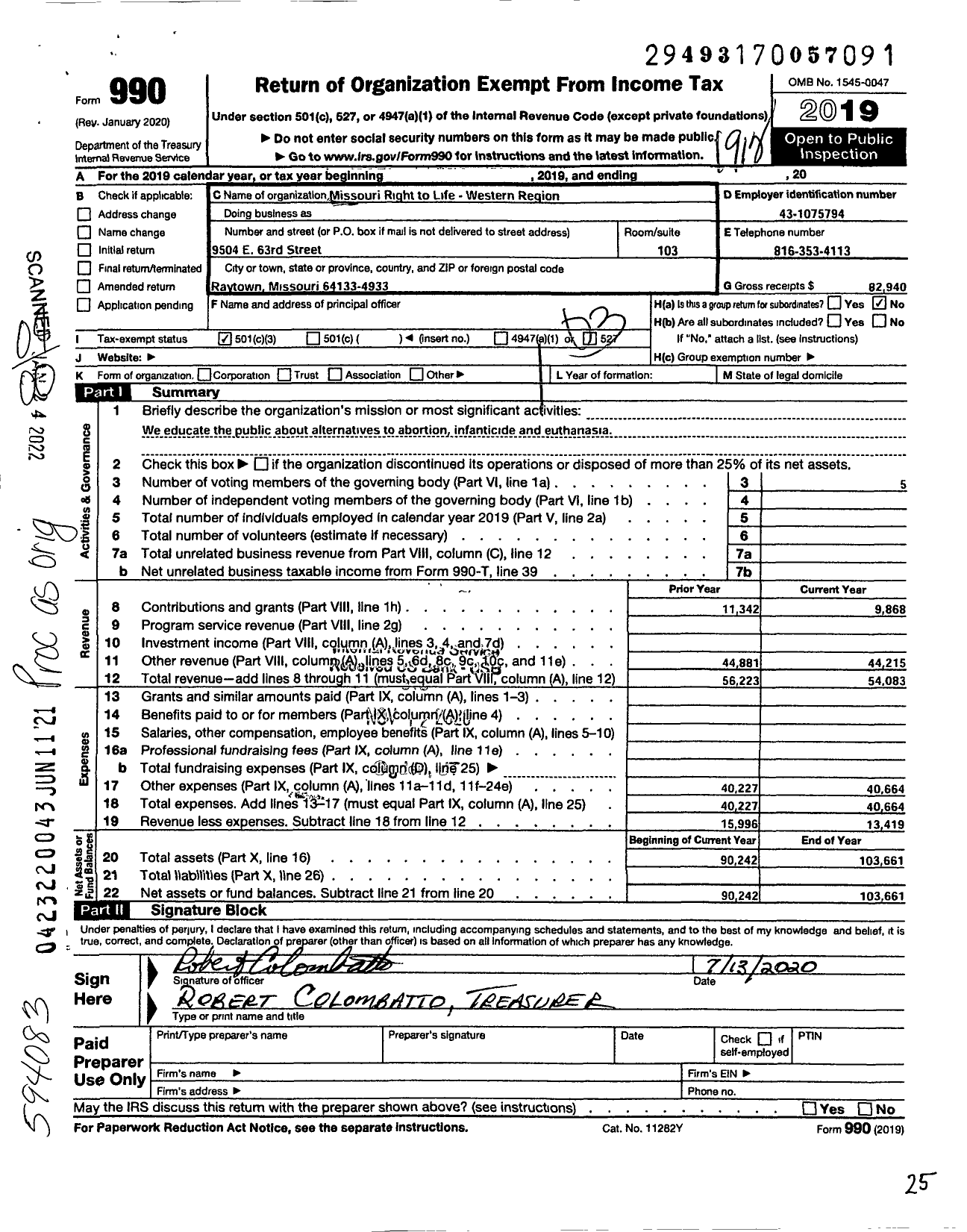 Image of first page of 2019 Form 990O for Missouri Right to Life Western Region