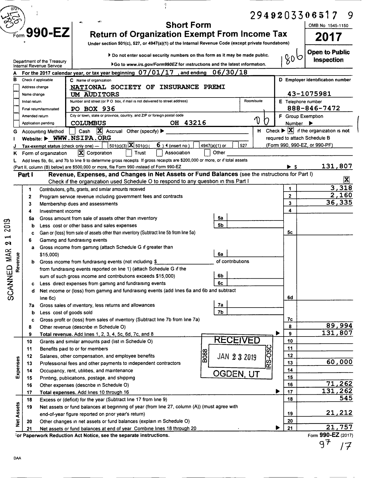 Image of first page of 2017 Form 990EO for National Society of Insurance Premium Auditors