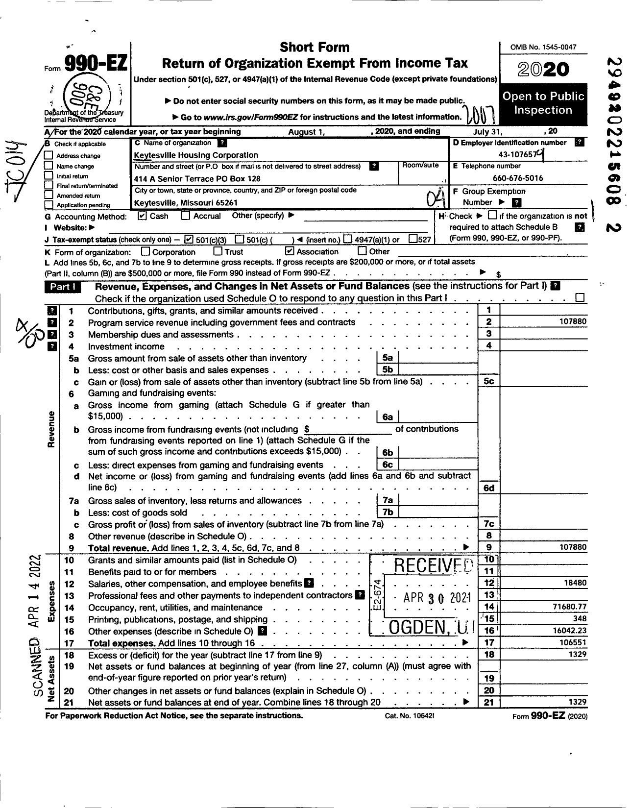 Image of first page of 2019 Form 990EO for Keytesville Housing Corporation