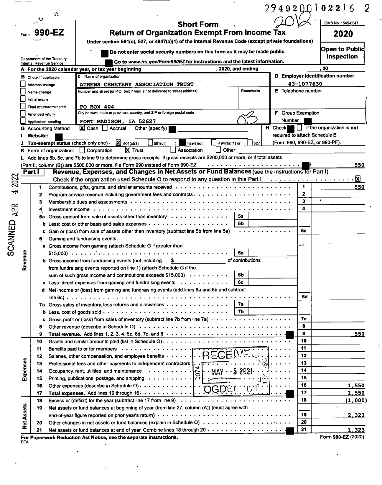 Image of first page of 2020 Form 990EZ for Athens Cemetery Association Trust