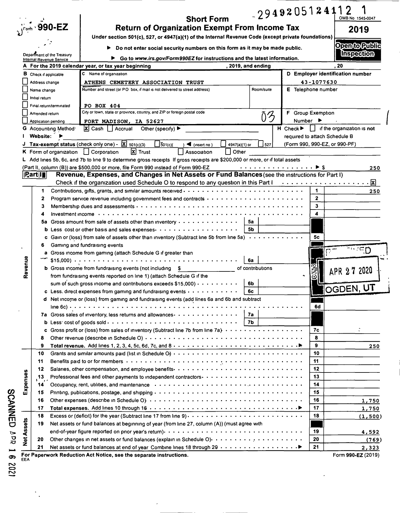 Image of first page of 2019 Form 990EZ for Athens Cemetery Association Trust