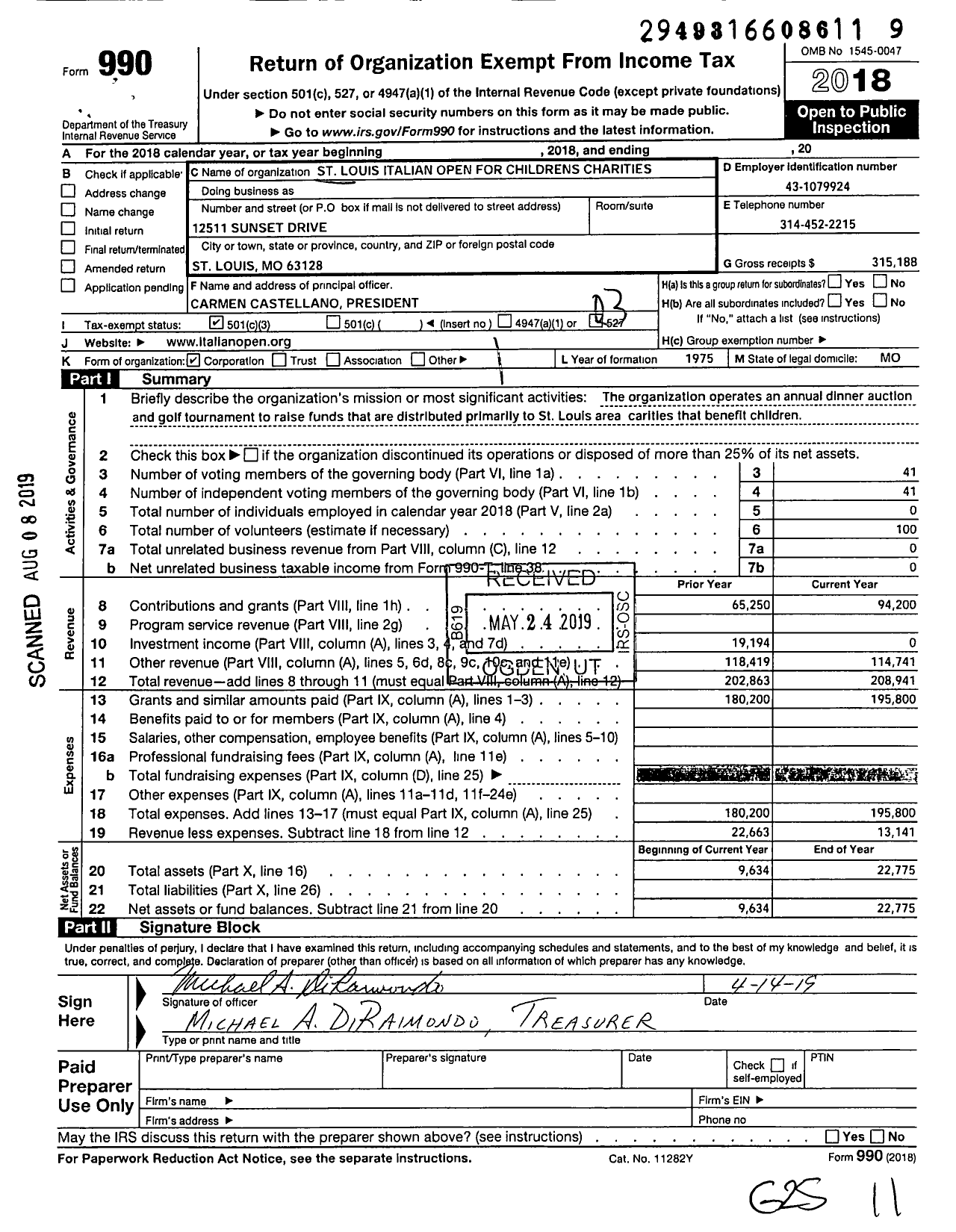 Image of first page of 2018 Form 990 for St Louis Italian Invitational Golf Tournament for Charities