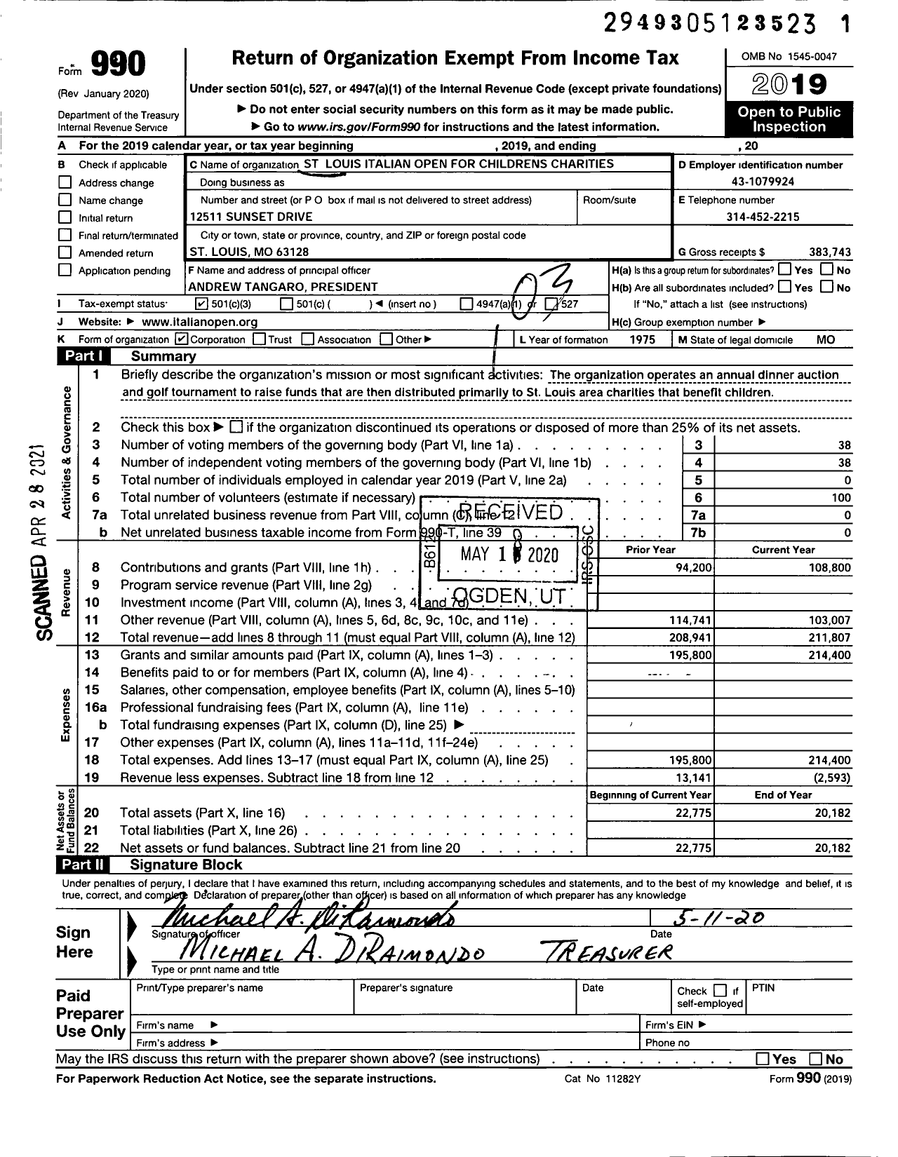 Image of first page of 2019 Form 990 for St Louis Italian Invitational Golf Tournament for Charities