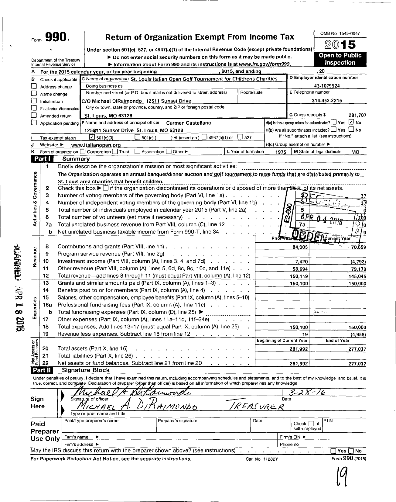 Image of first page of 2015 Form 990 for St Louis Italian Invitational Golf Tournament for Charities