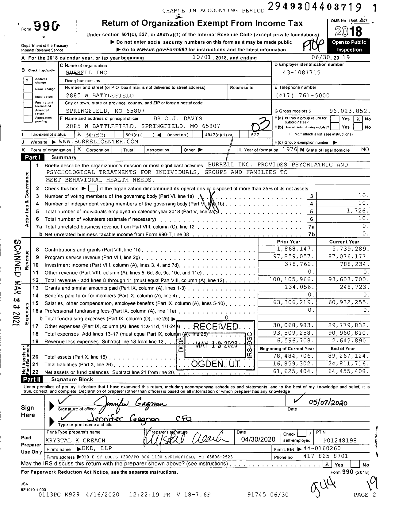 Image of first page of 2018 Form 990 for Burrell