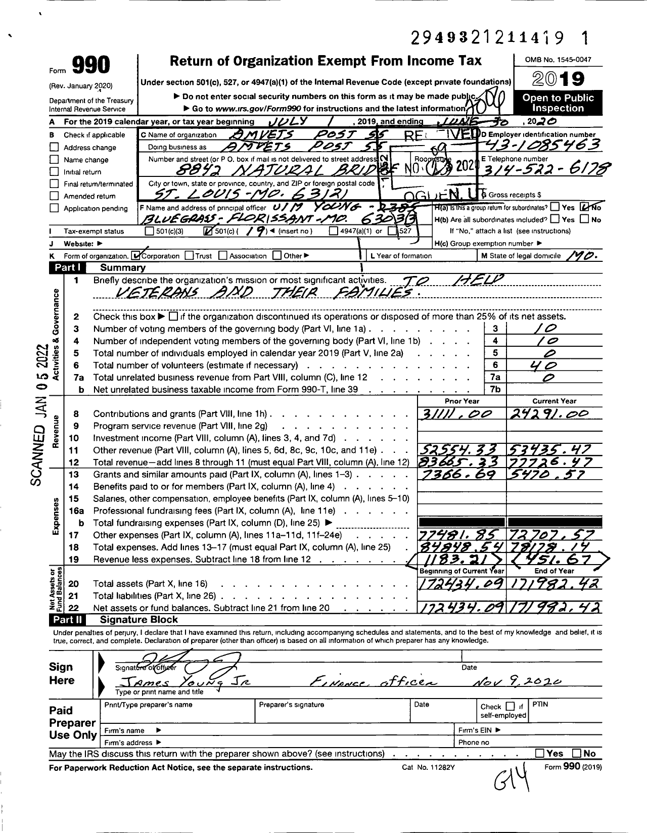 Image of first page of 2019 Form 990O for Amvets - 0055-mo