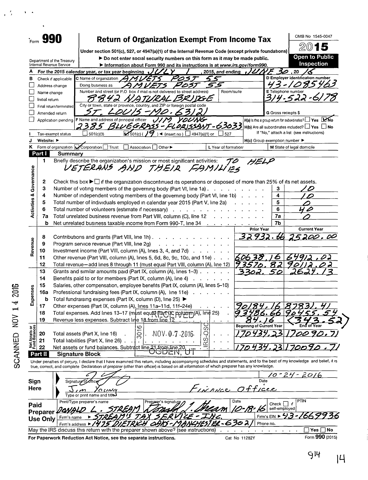 Image of first page of 2015 Form 990O for Amvets - 0055-mo