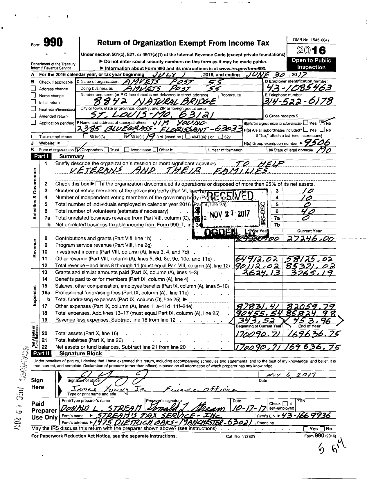 Image of first page of 2016 Form 990O for Amvets - 0055-mo