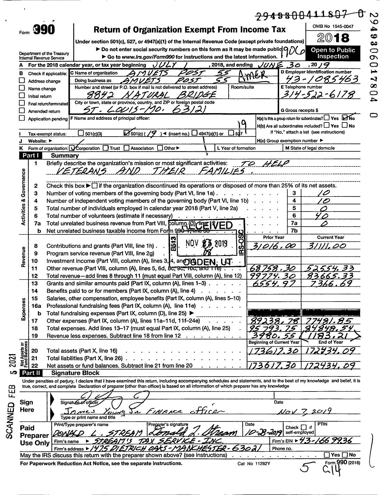 Image of first page of 2018 Form 990O for Amvets - 0055-mo