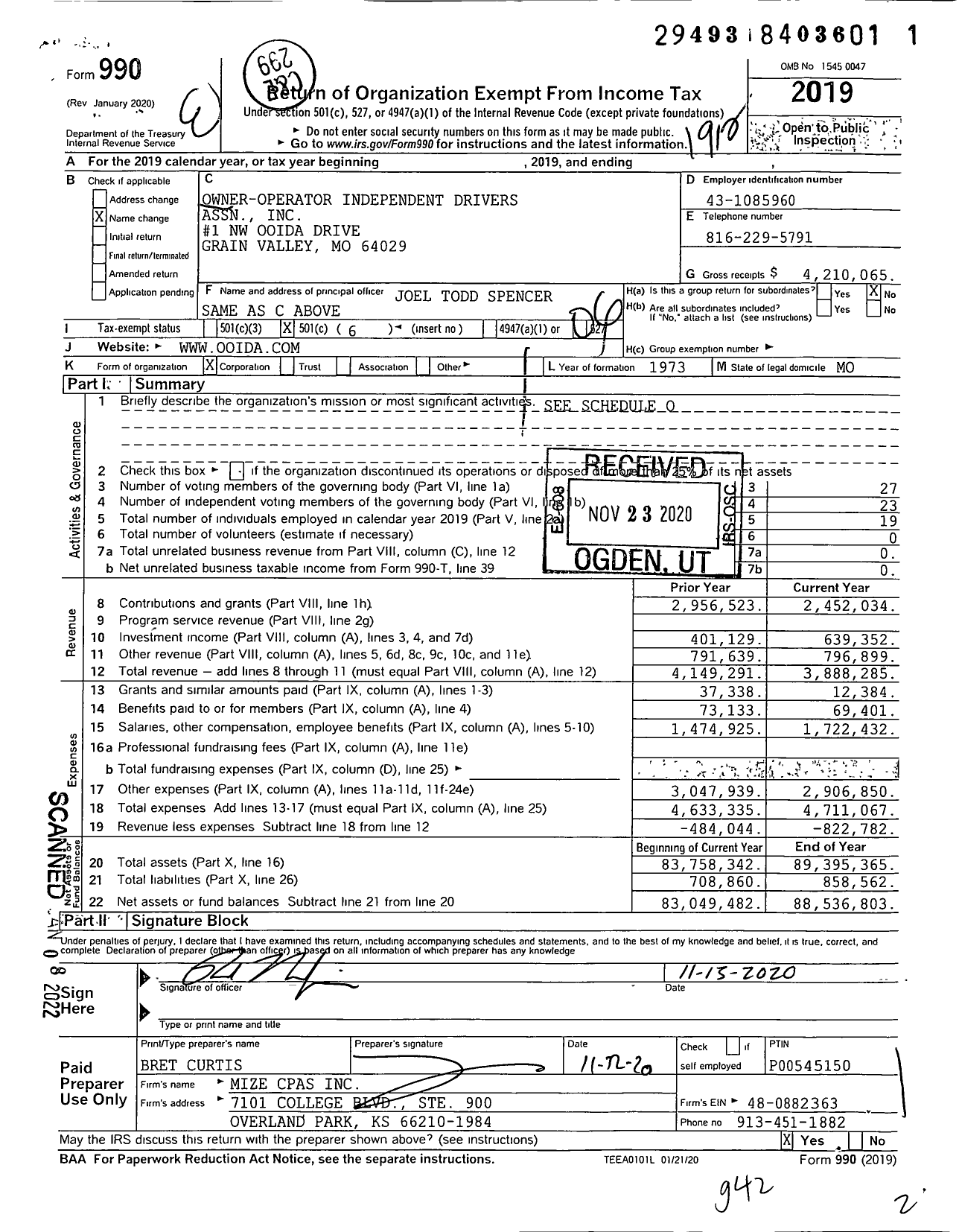 Image of first page of 2019 Form 990O for Owner-Operator Independent Drivers Assn (OOIDA)