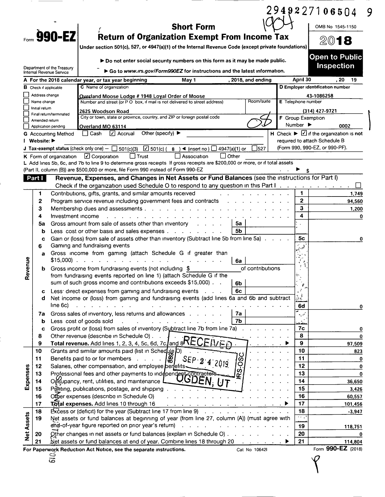 Image of first page of 2018 Form 990EO for Loyal Order of Moose - 1948