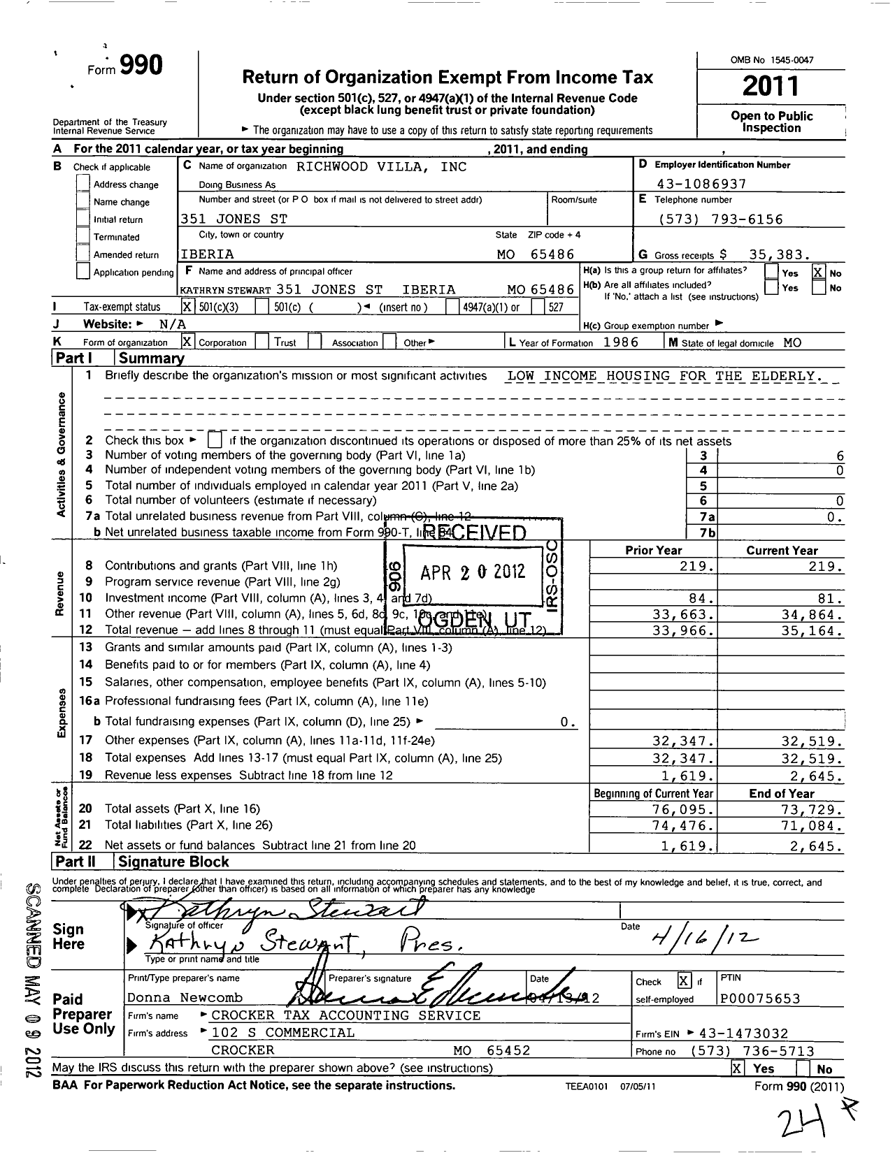 Image of first page of 2011 Form 990 for Richwood Villa