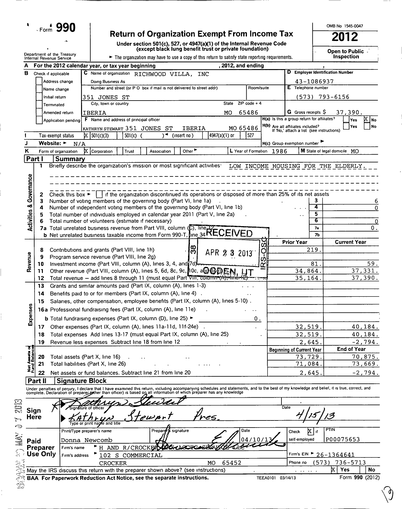 Image of first page of 2012 Form 990 for Richwood Villa