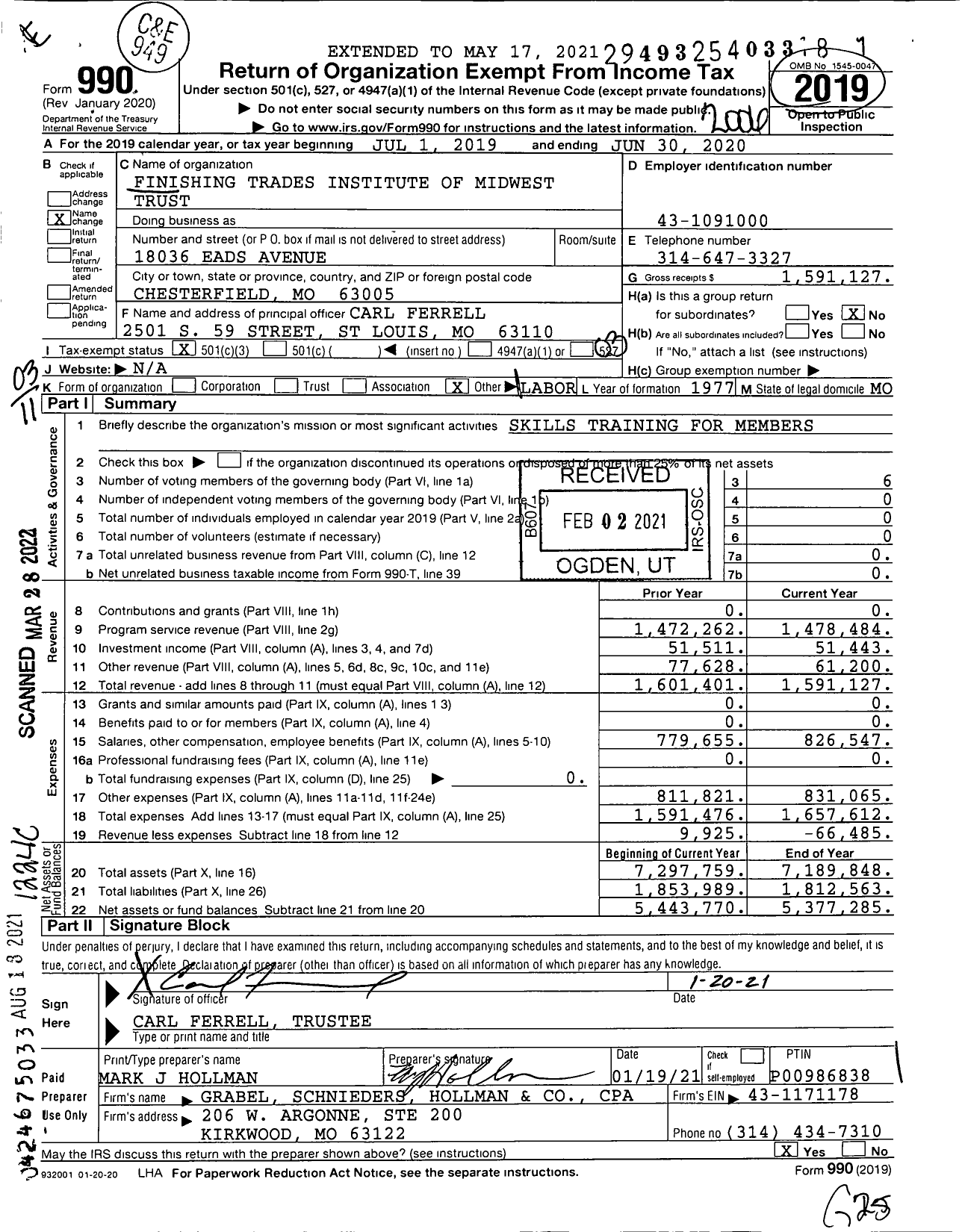 Image of first page of 2019 Form 990 for Finishing Trades Institute of Midwest Trust