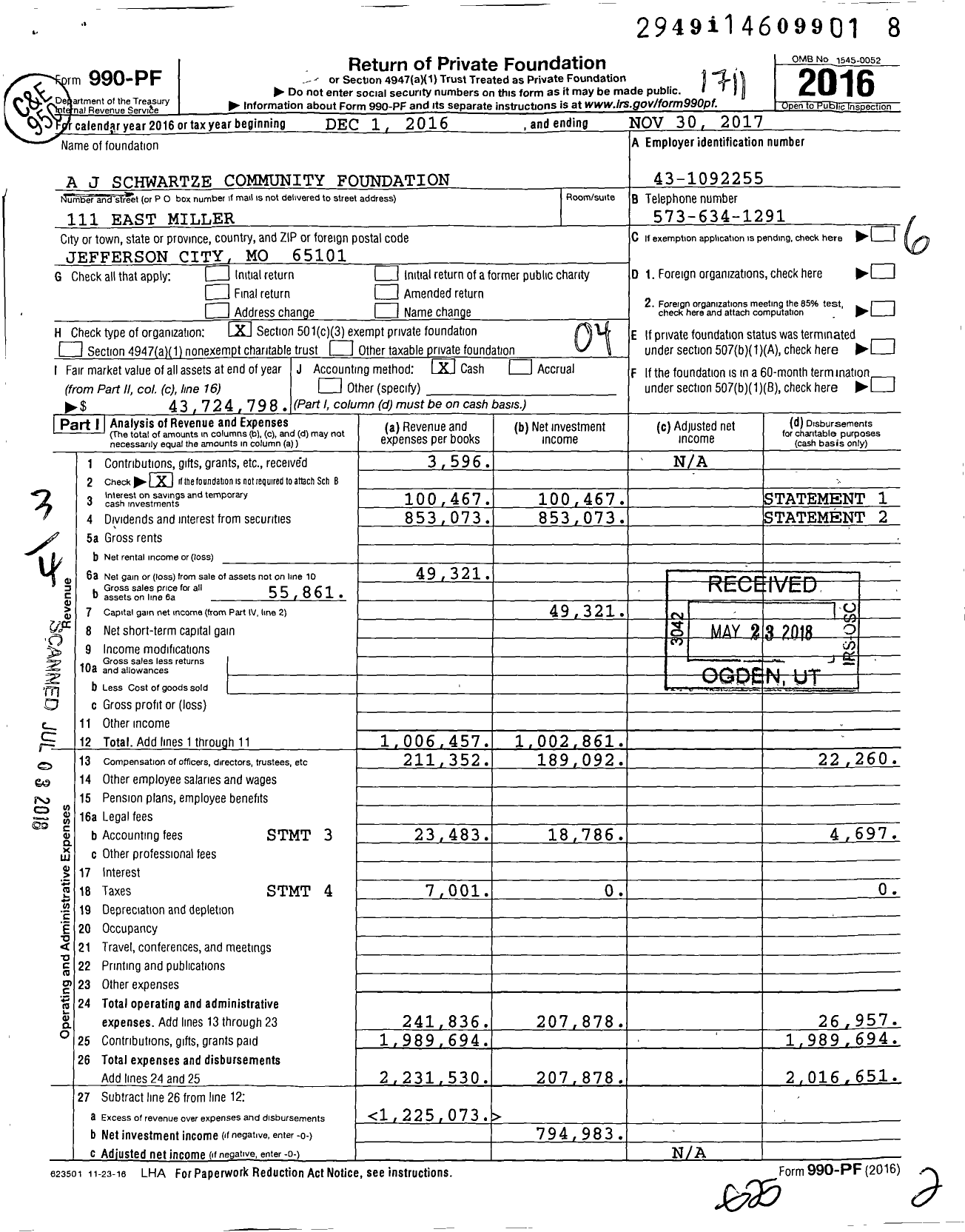 Image of first page of 2016 Form 990PF for A J Schwartze Community Foundation