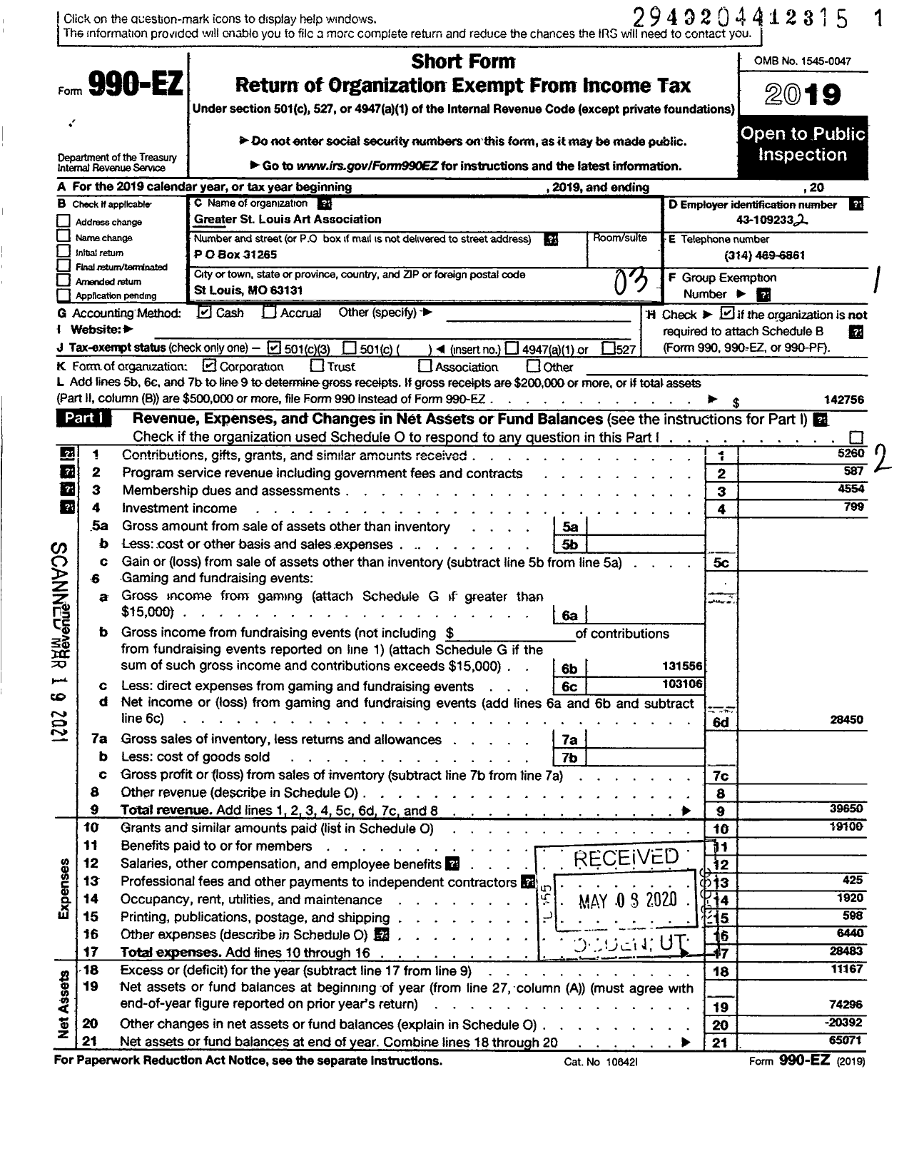 Image of first page of 2019 Form 990EZ for Greater St Louis Artists