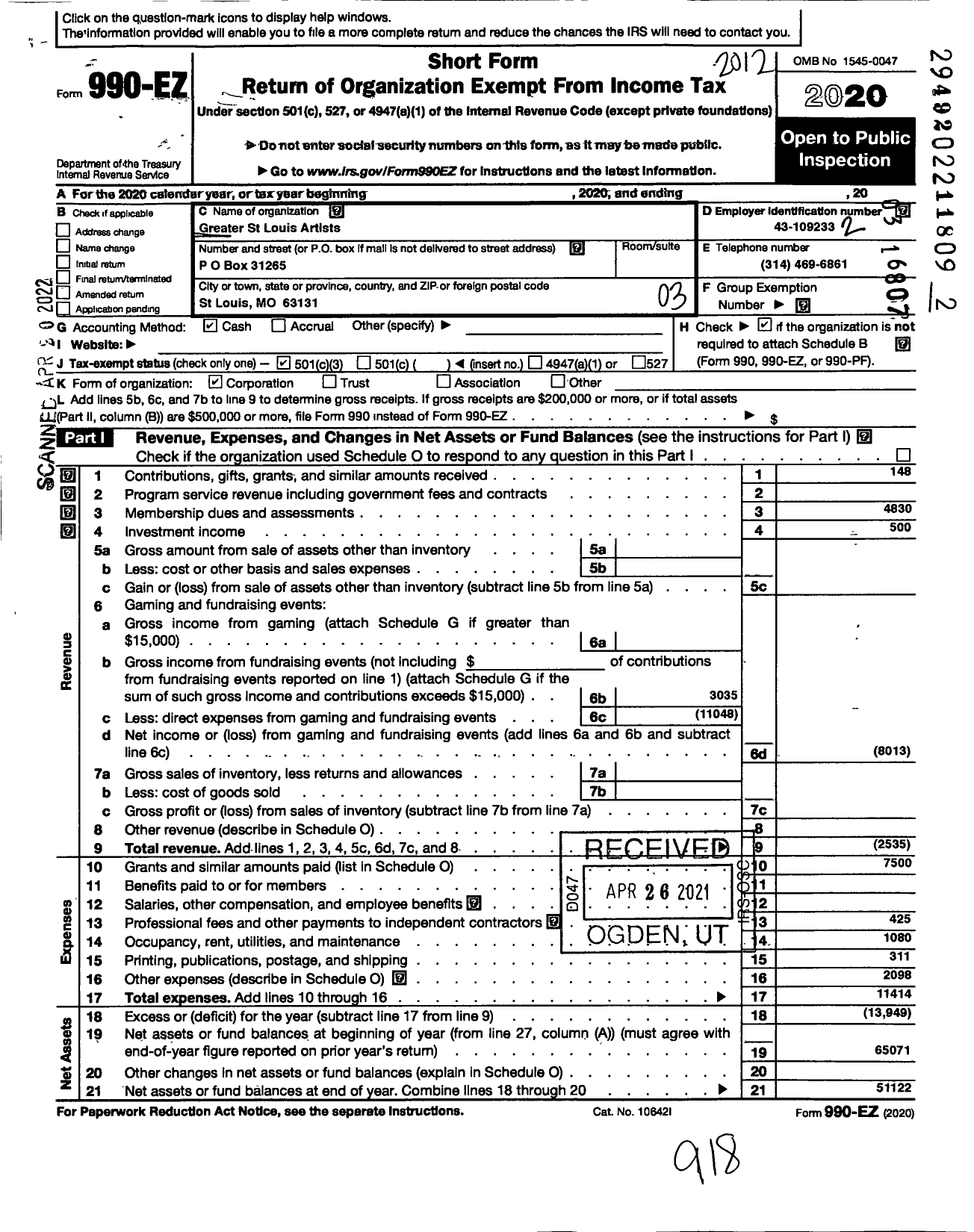 Image of first page of 2020 Form 990EZ for Greater St Louis Artists