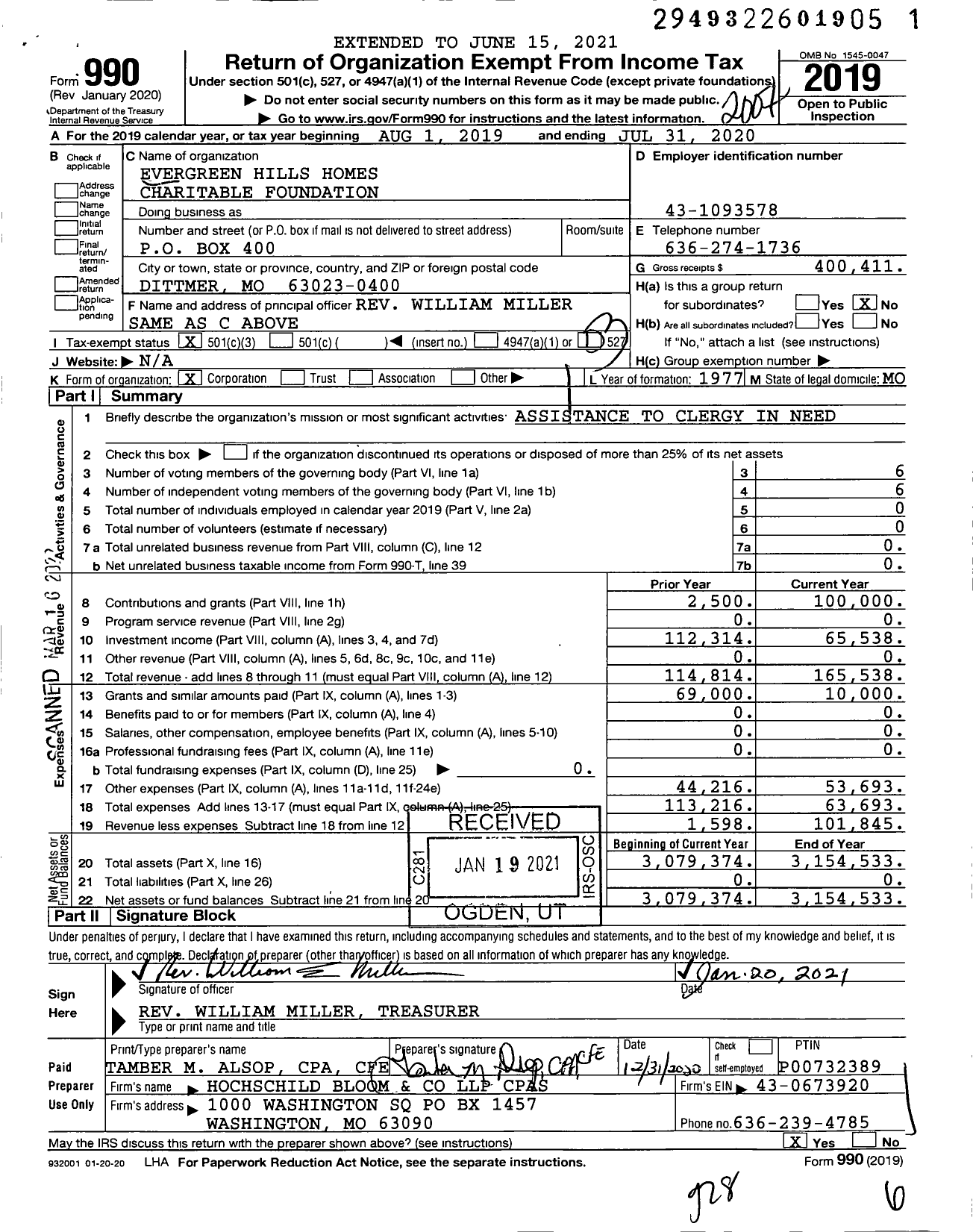 Image of first page of 2019 Form 990 for Evergreen Hills Homes Charitable Foundation