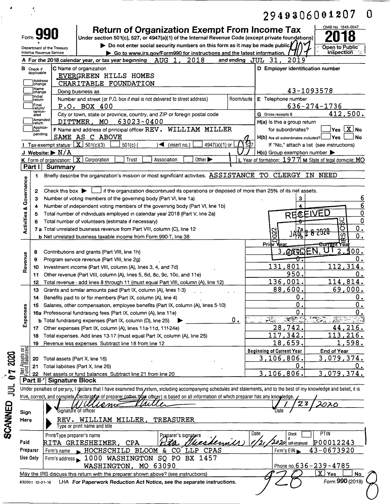 Image of first page of 2018 Form 990 for Evergreen Hills Homes Charitable Foundation