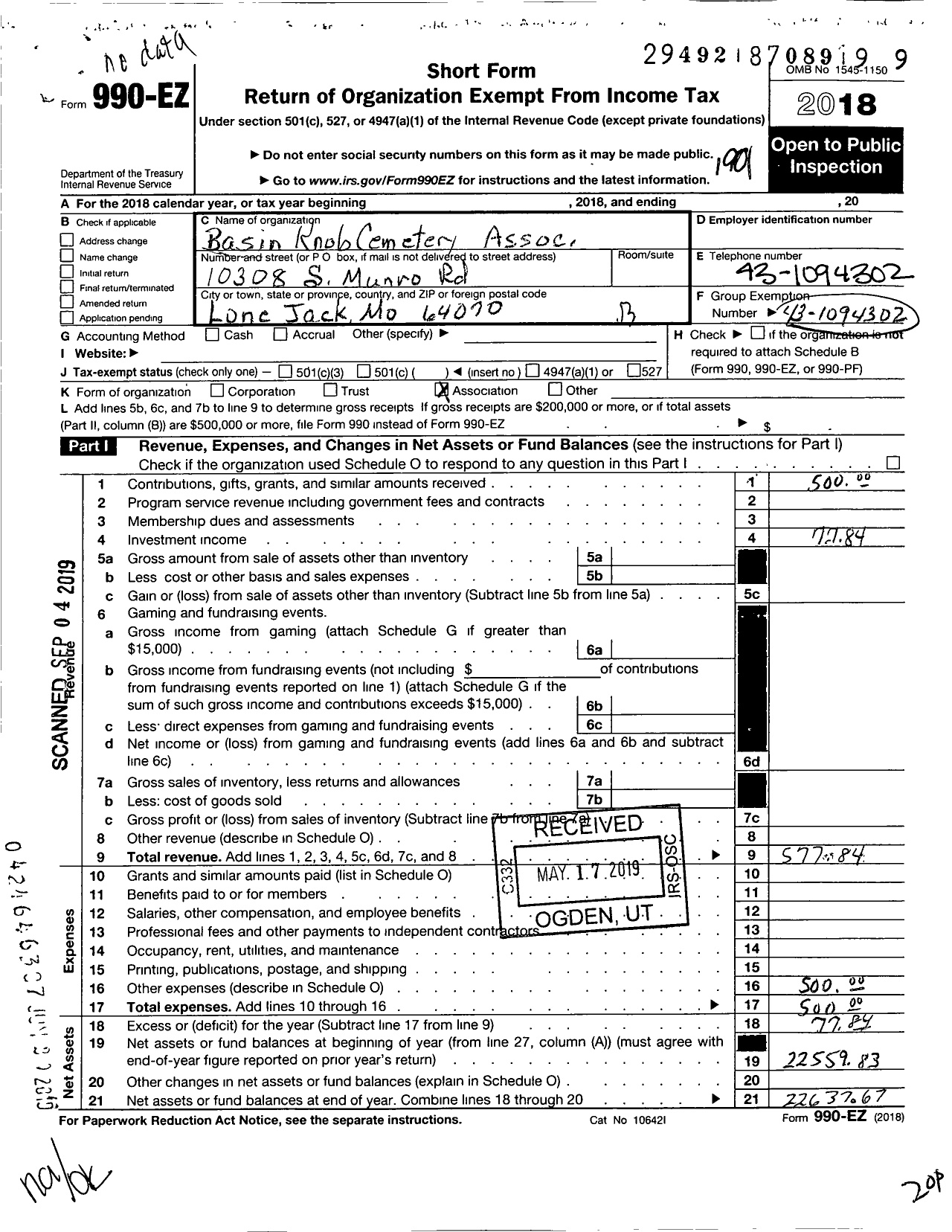 Image of first page of 2018 Form 990EZ for Basin Knob Cemetery Association