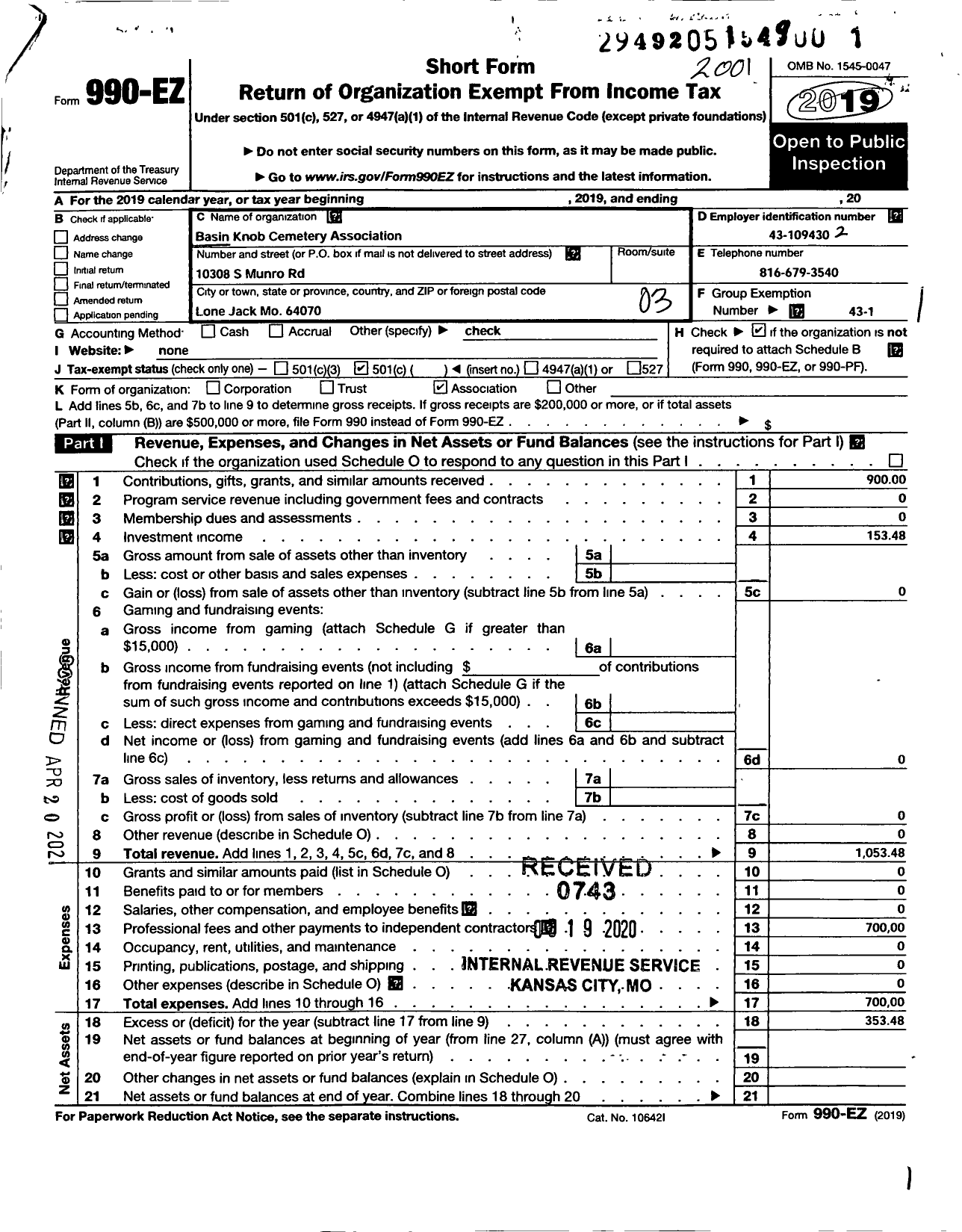 Image of first page of 2019 Form 990EZ for Basin Knob Cemetery Association